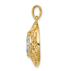 14K Gold Polished Filigree Guardian Angel Pendant with Rhodium Accents