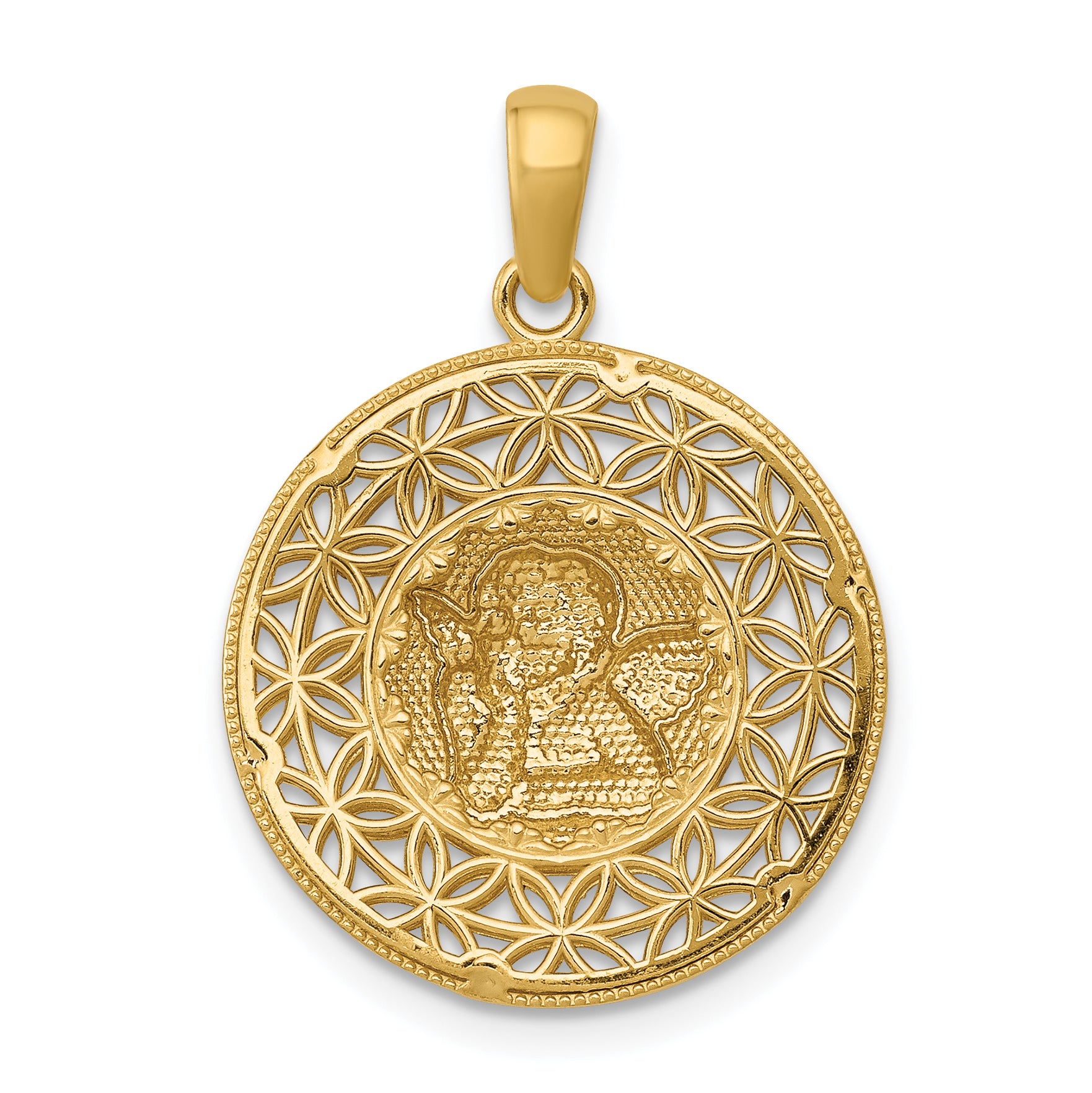 14K Gold Polished Filigree Guardian Angel Pendant with Rhodium Accents