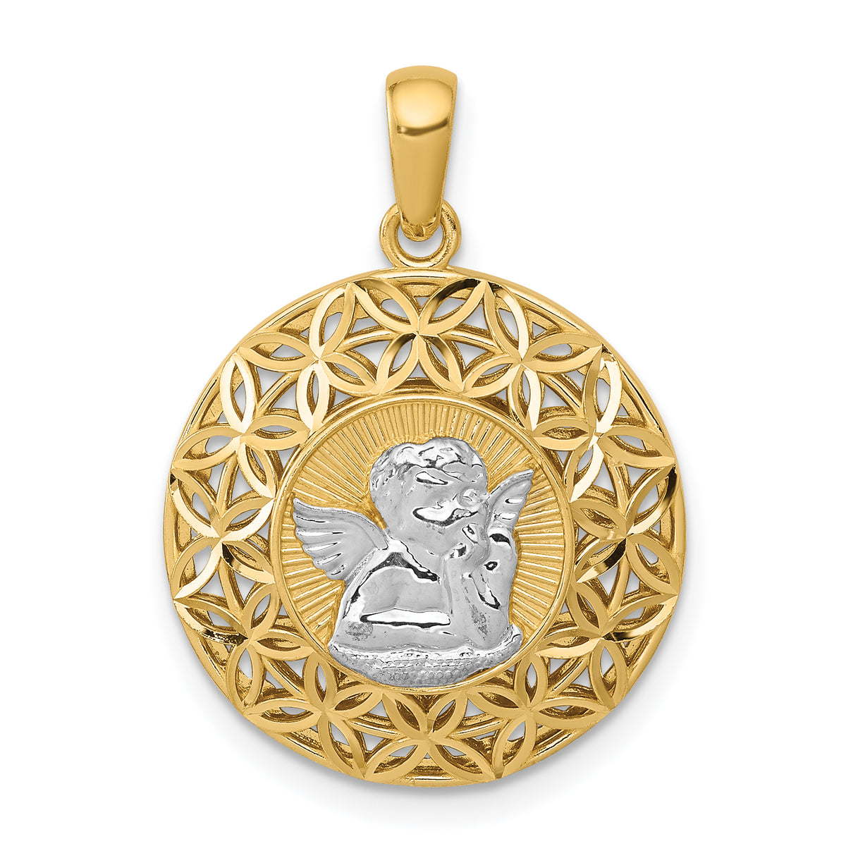 14k w/Rhodium Polished Filigree Guardian Angel Pendant