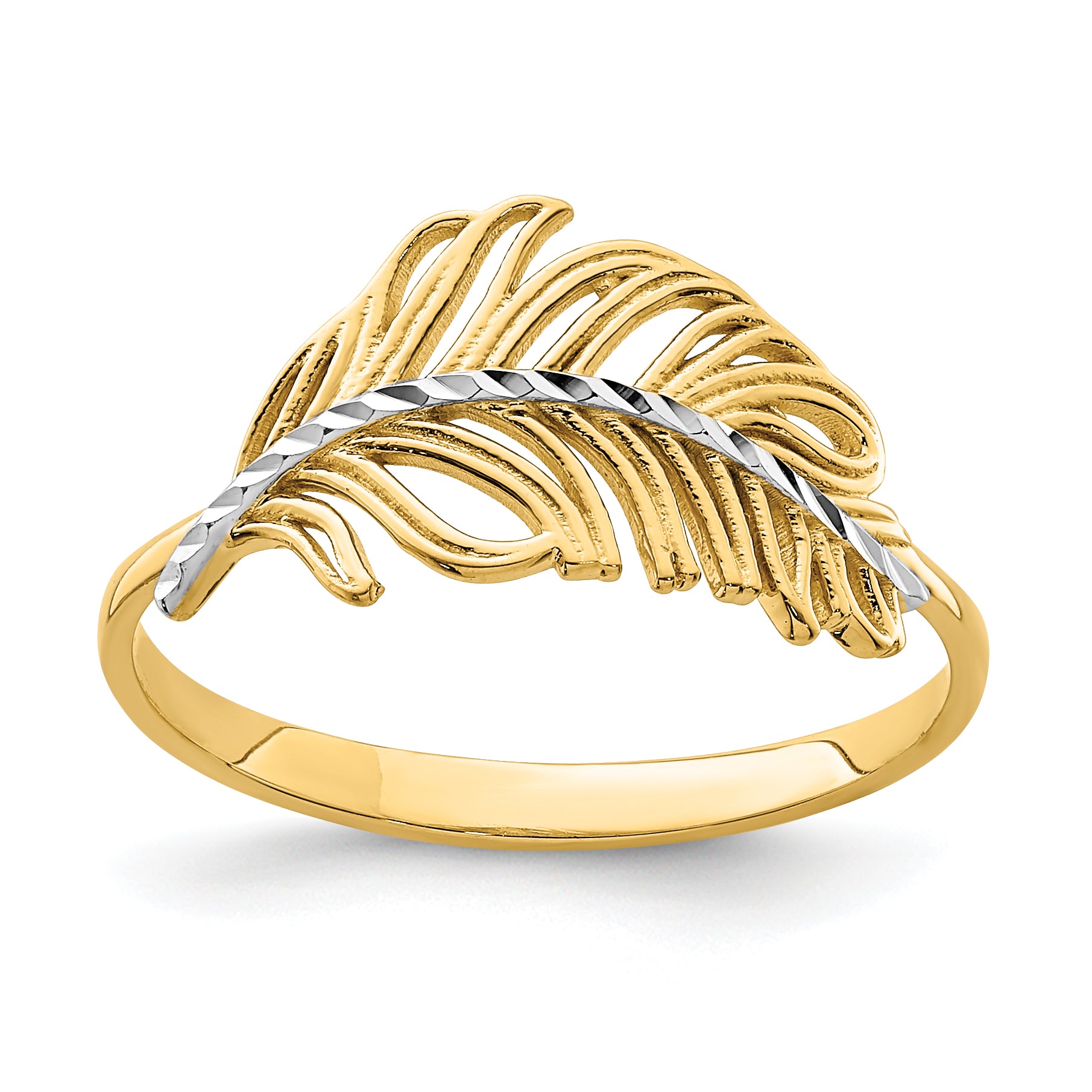 14K with White Rhodium Feather Ring