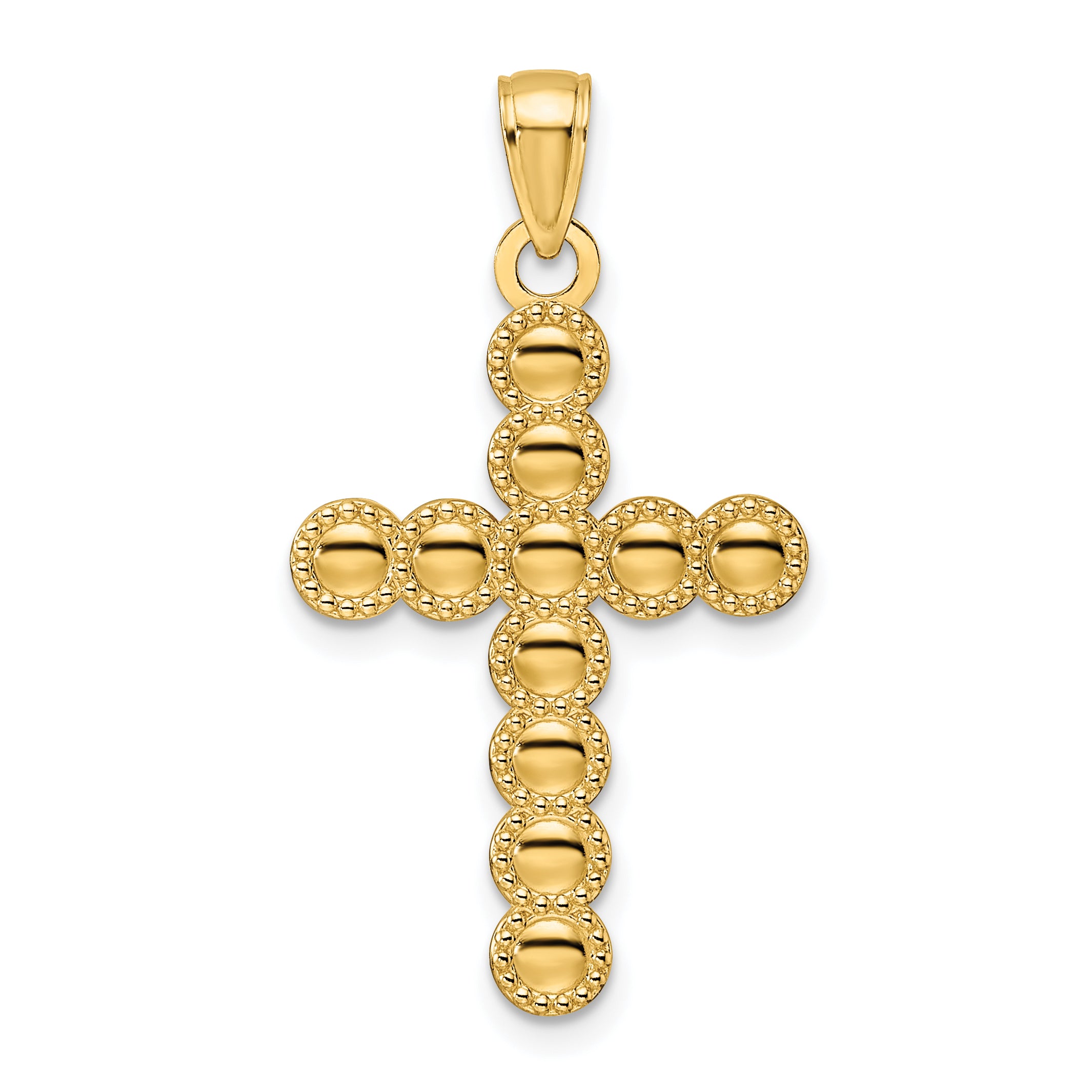 14K Polished & Beaded Circles Cross Pendant