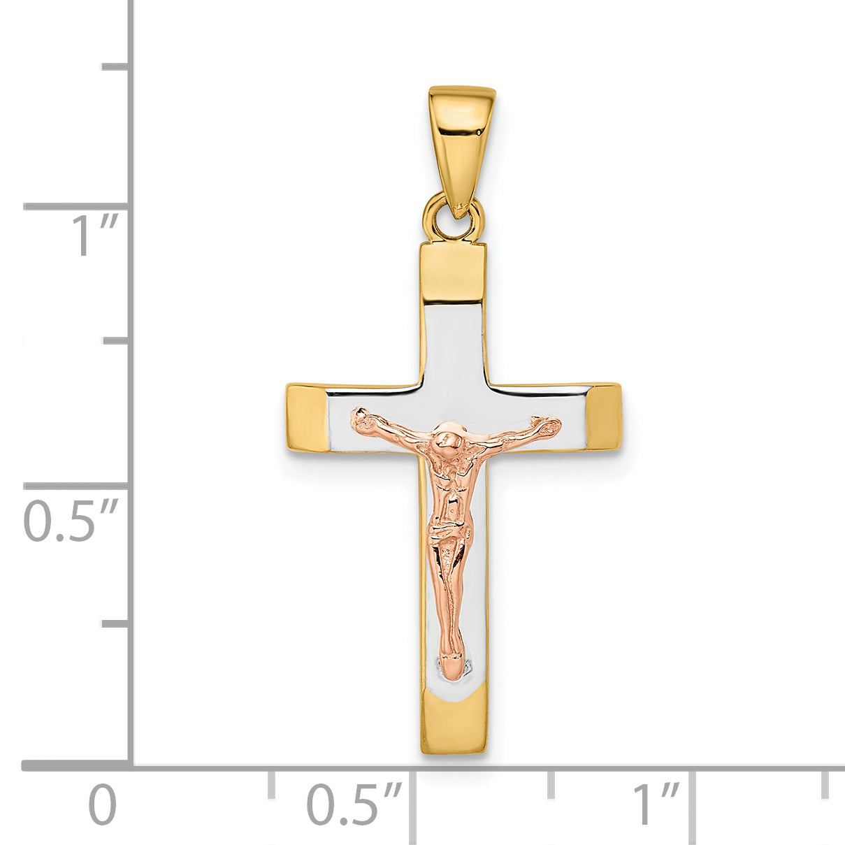 14k Yellow and Rose Gold with White Rhodium Beveled Large Crucifix Pendant