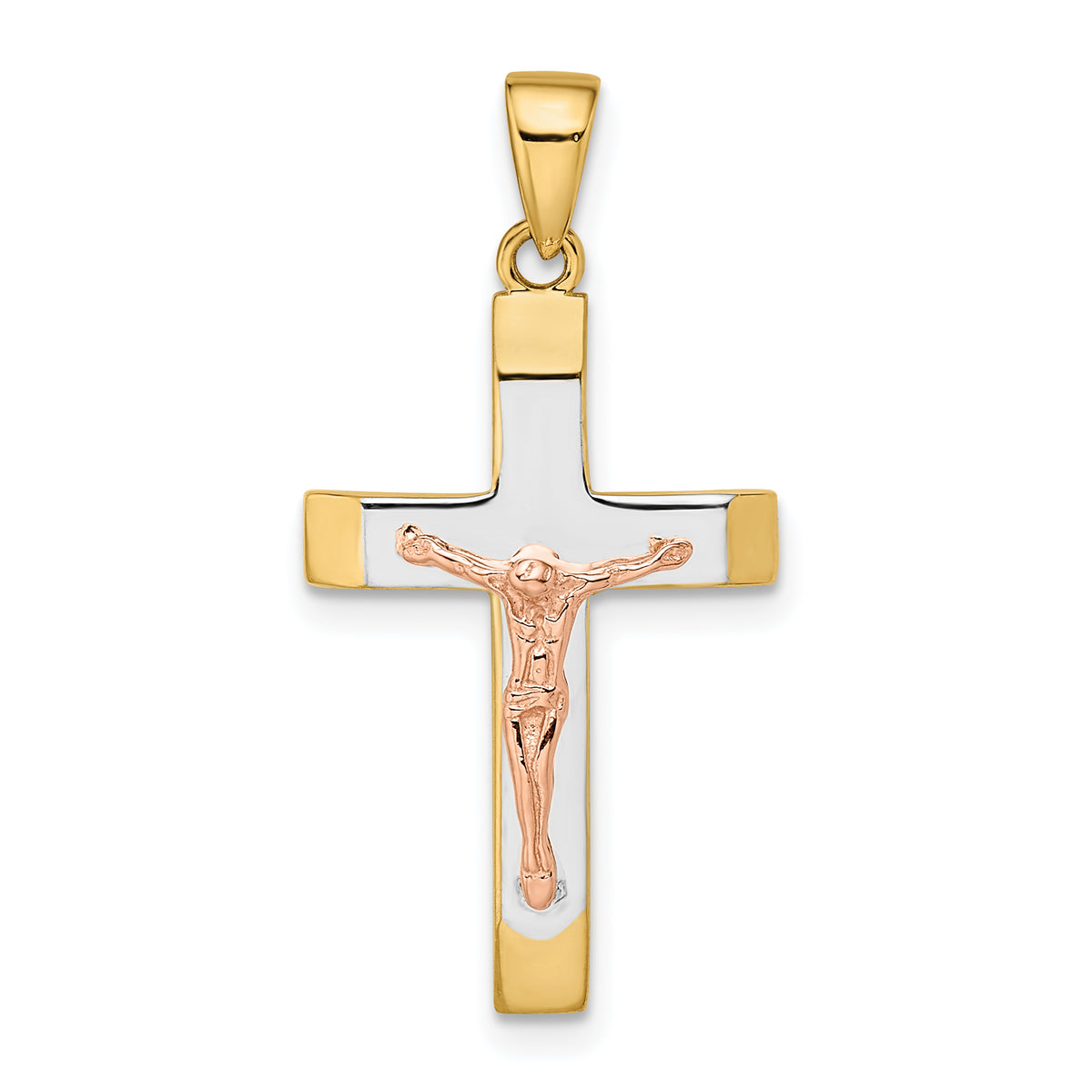 14k Yellow and Rose Gold with White Rhodium Beveled Large Crucifix Pendant