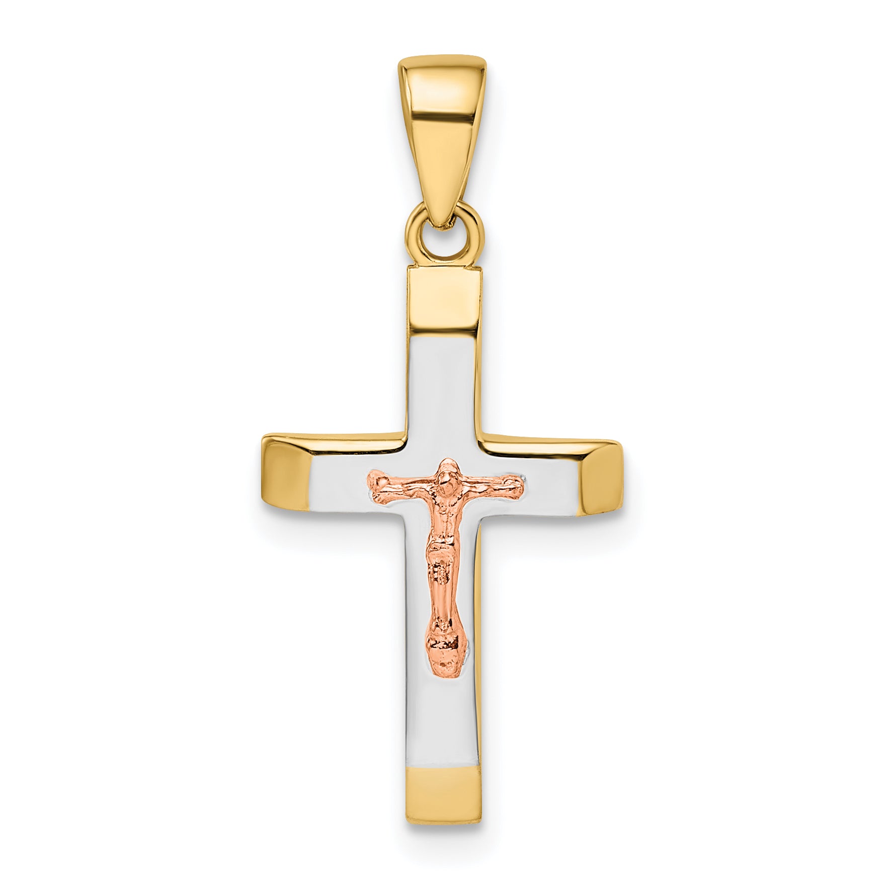 14k Yellow and Rose Gold with White Rhodium Beveled Medium Crucifix Pendant