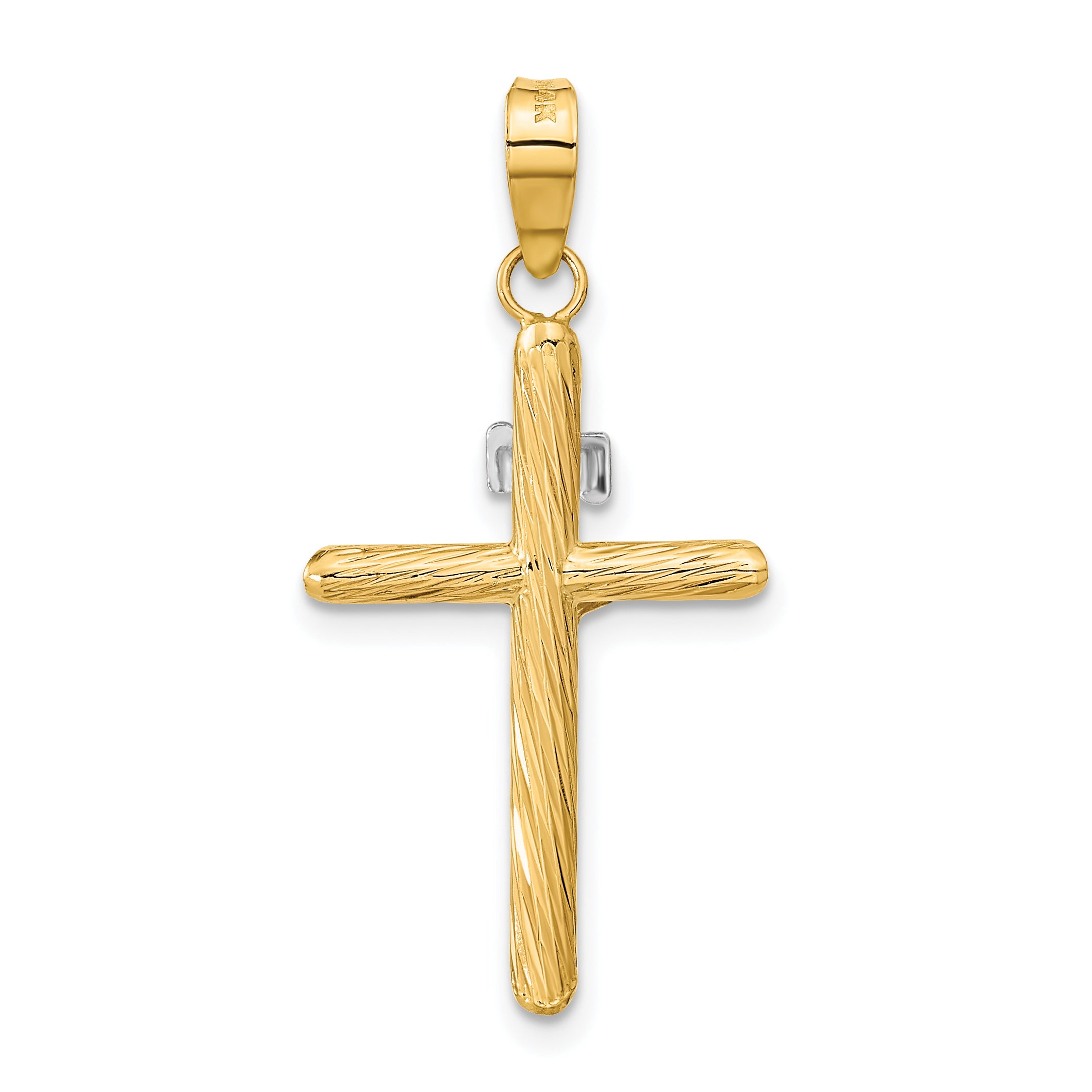 14K w/White Rhod Polished & Textured INRI Crucifix Cross Pendant