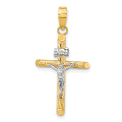 14K w/White Rhod Polished & Textured INRI Crucifix Cross Pendant