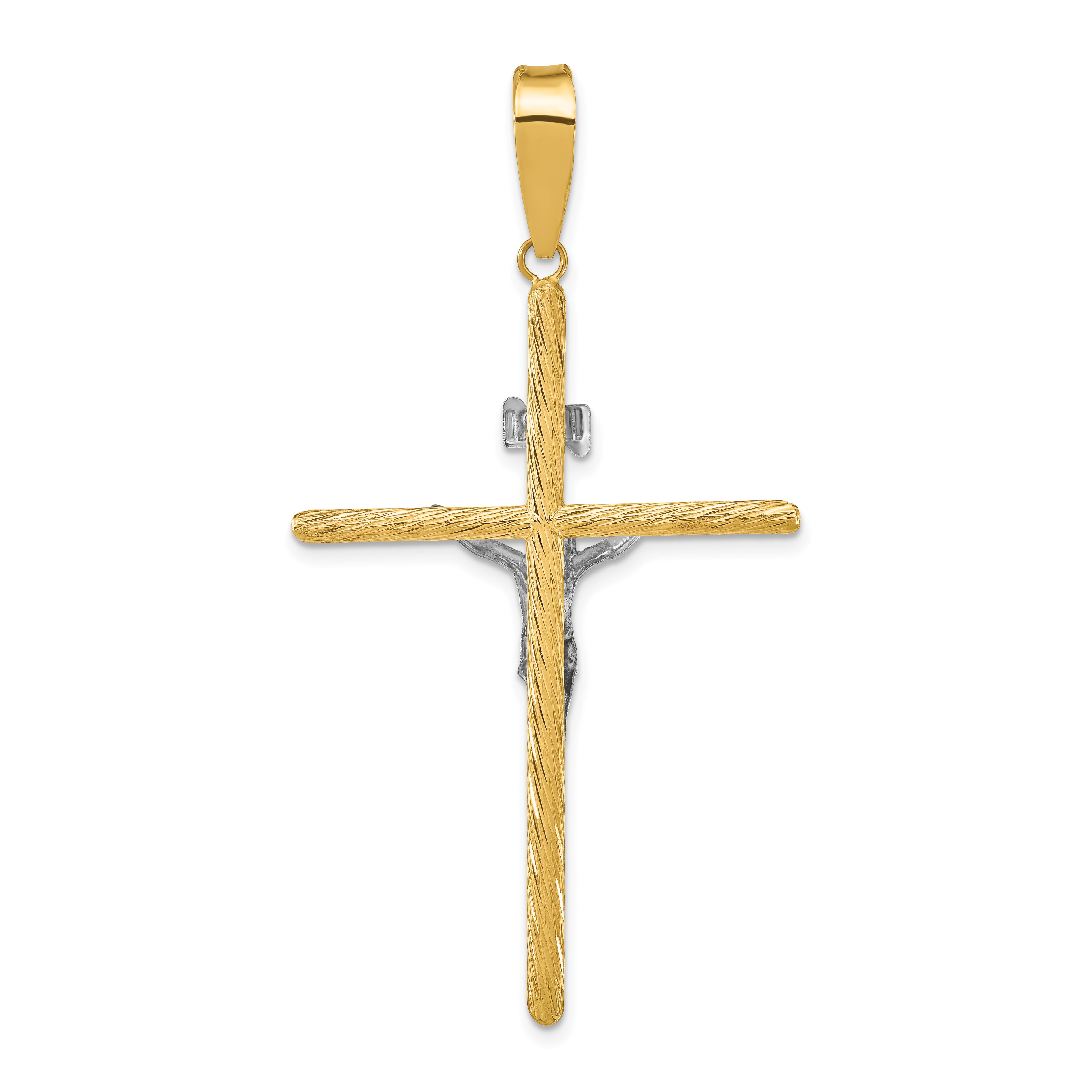 14K w/White Rhod Polished & Textured INRI Crucifix Cross Pendant