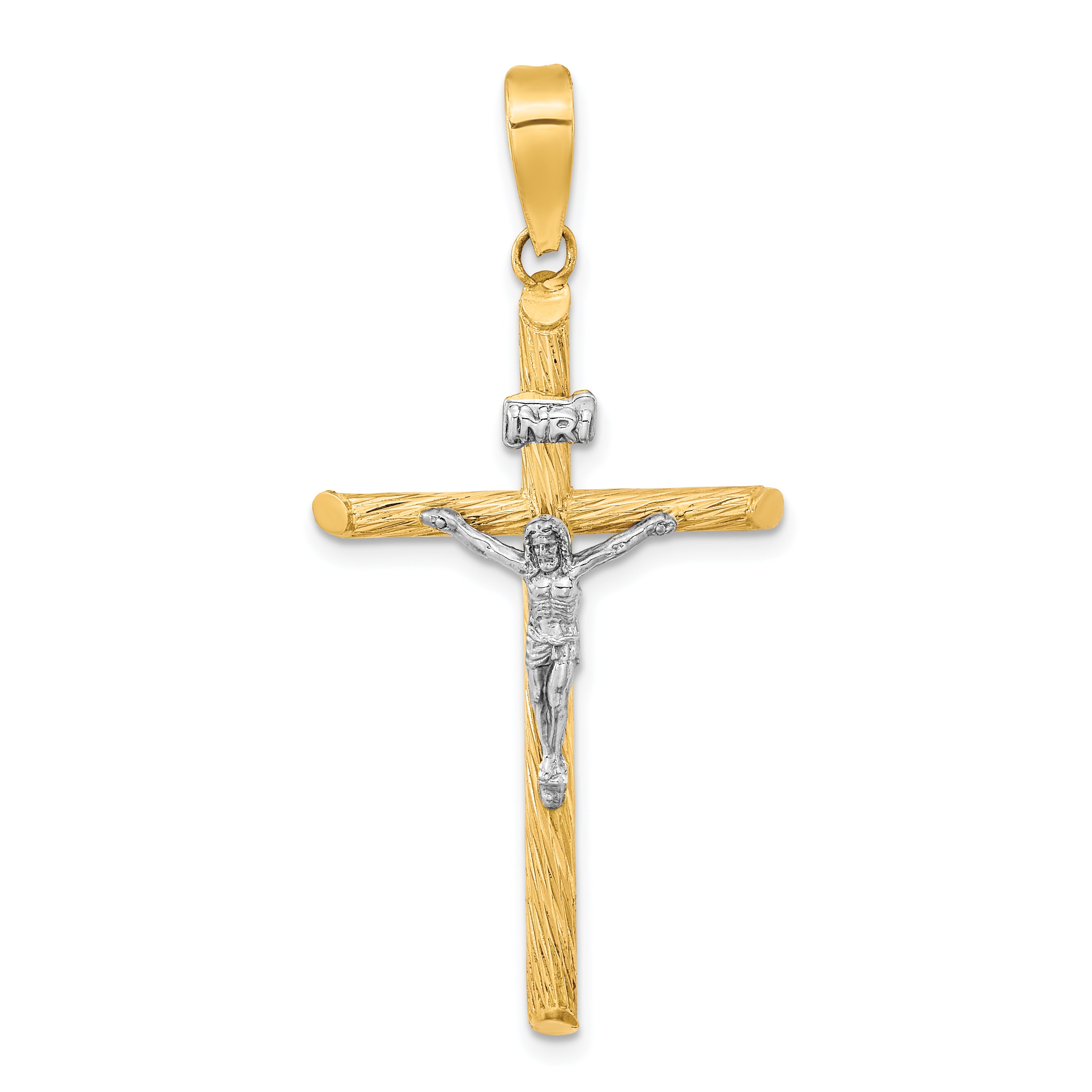 14K w/White Rhod Polished & Textured INRI Crucifix Cross Pendant