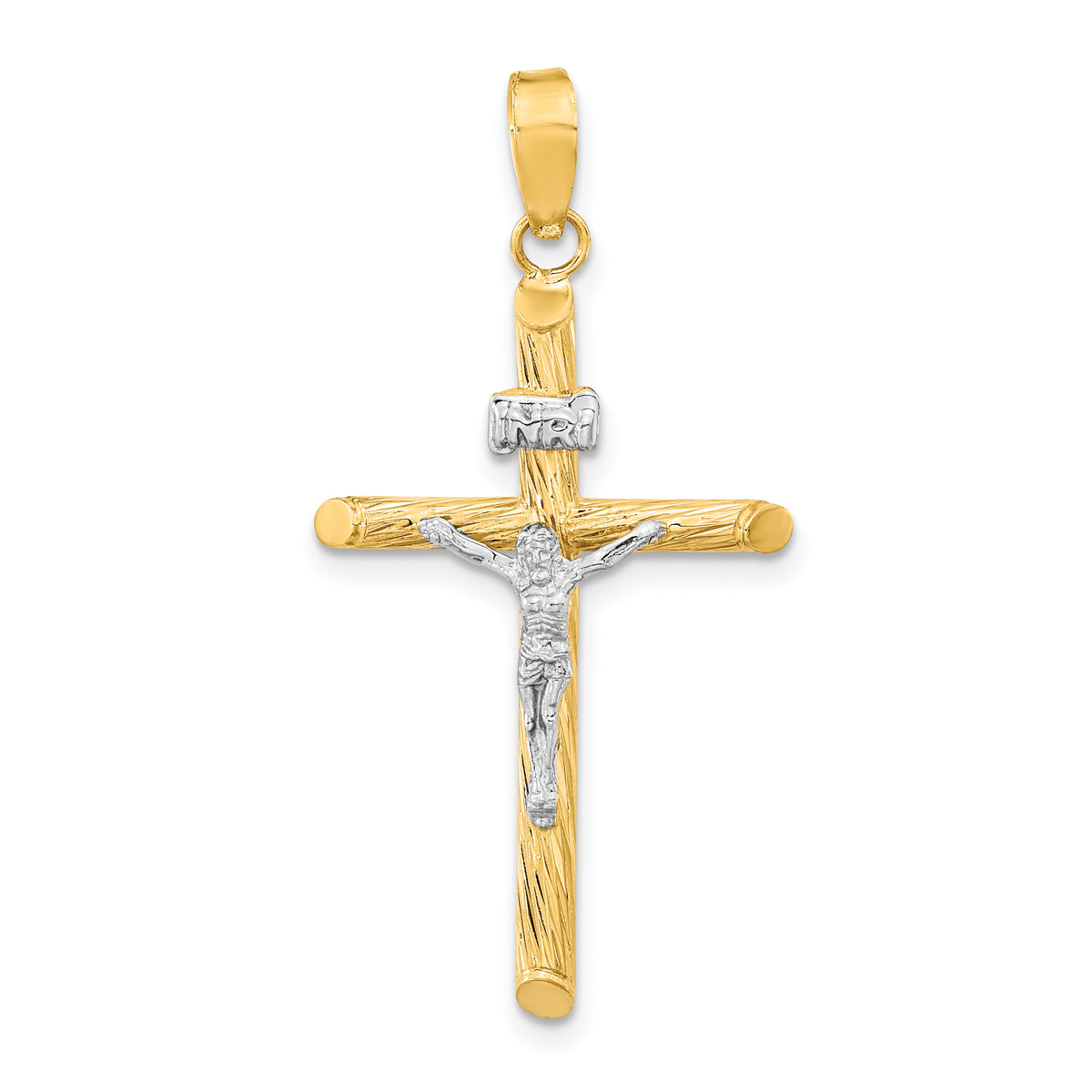 14K w/White Rhod Polished & Textured INRI Crucifix Cross Pendant