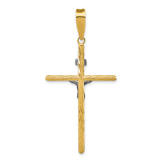 14K w/White Rhod Polished & Textured INRI Crucifix Cross Pendant