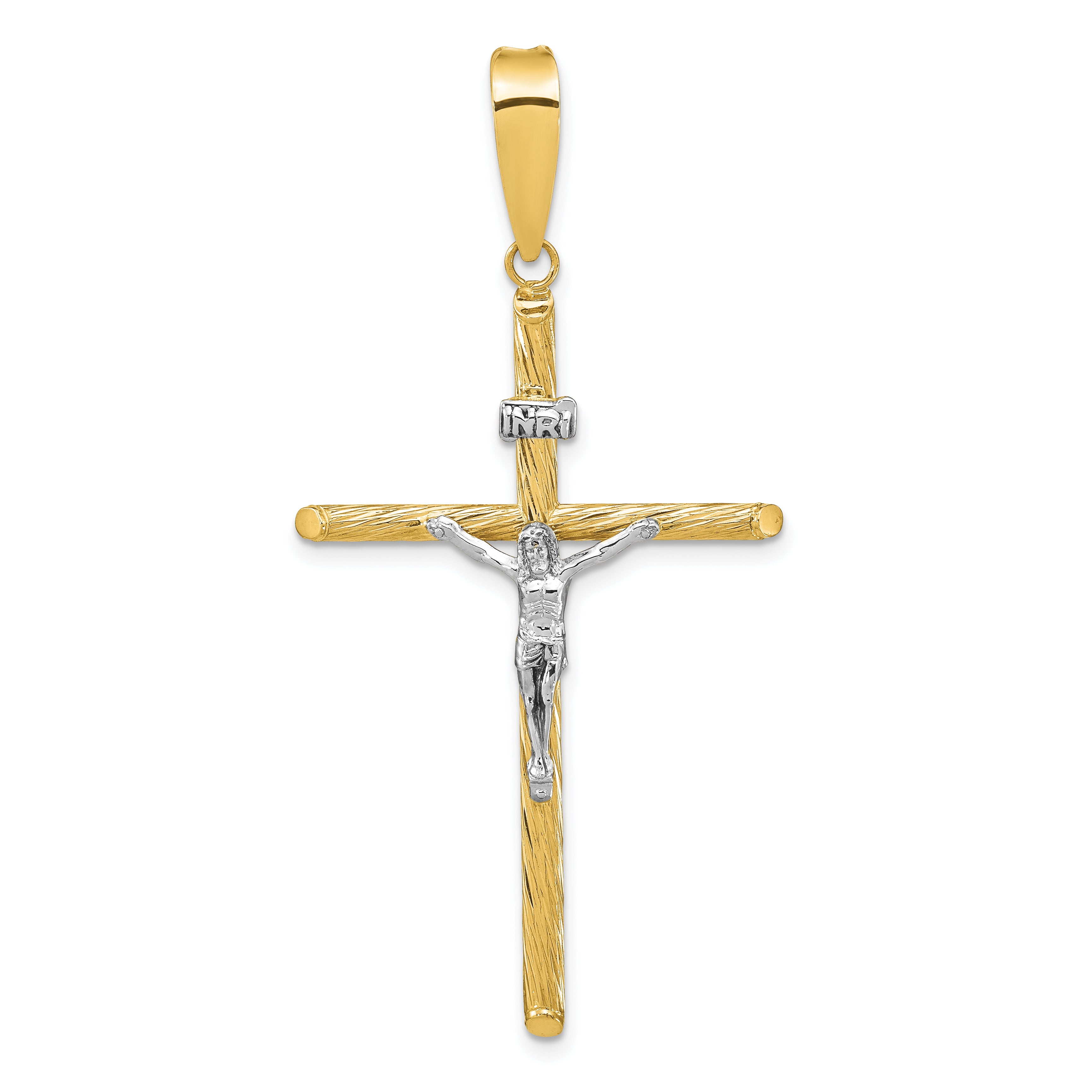 14K w/White Rhod Polished & Textured INRI Crucifix Cross Pendant