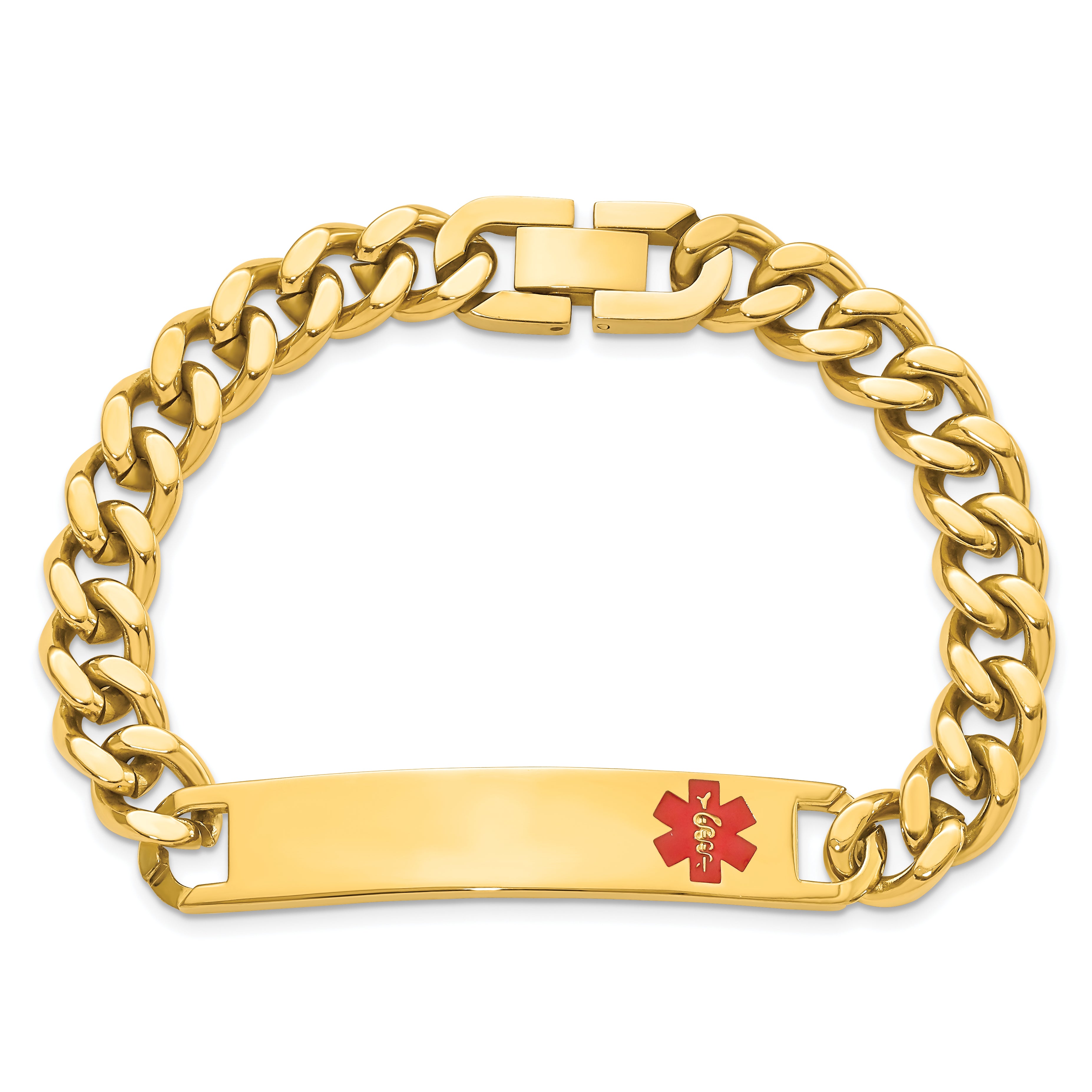 Kelly Waters Stainless Steel Yellow PVD Plated Red Epoxy Medical ID 8.25 inch Engravable Bracelet