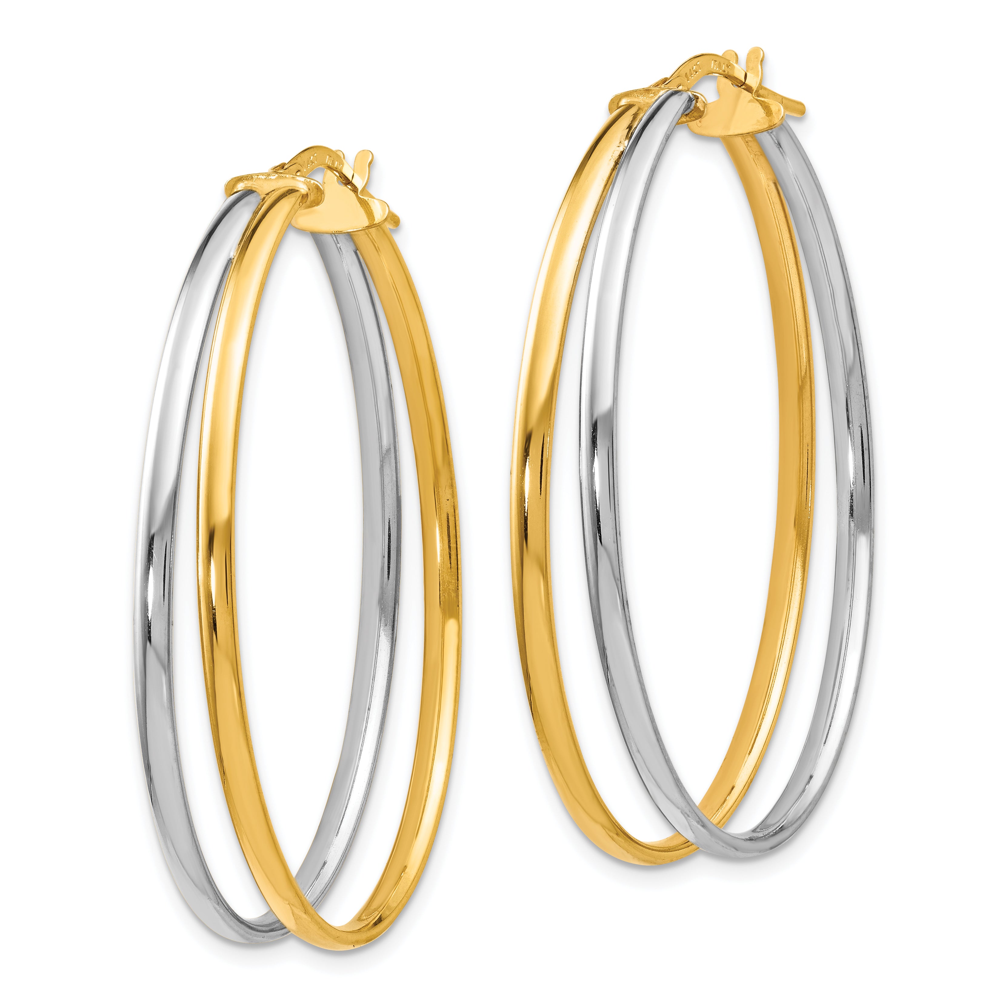 14K with Rhodium Polished Hoop Earrings