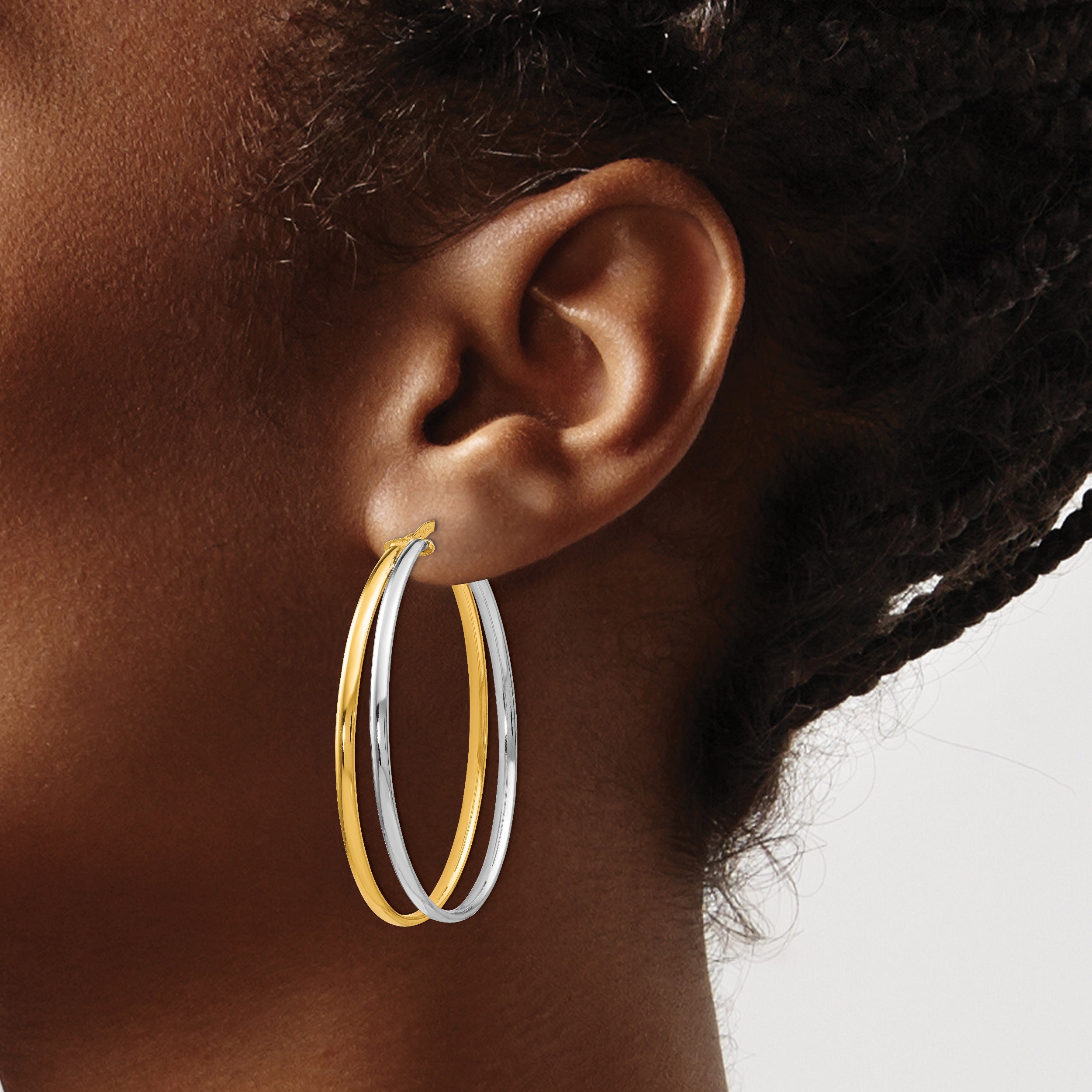 14K with Rhodium Polished Hoop Earrings