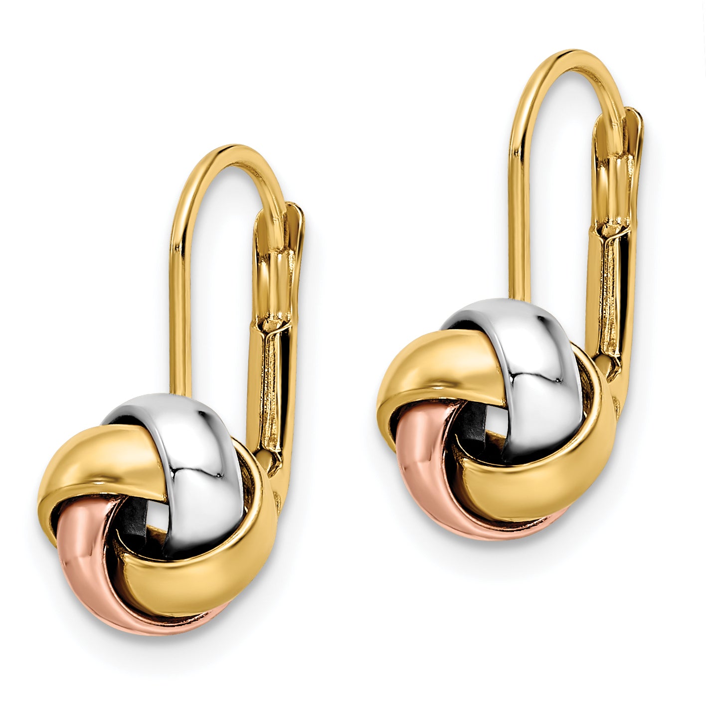 14K Tri-Color Polished Love Knot Leverback Earrings