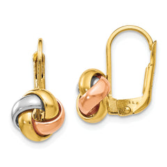 14K Tri-Color Polished Love Knot Leverback Earrings