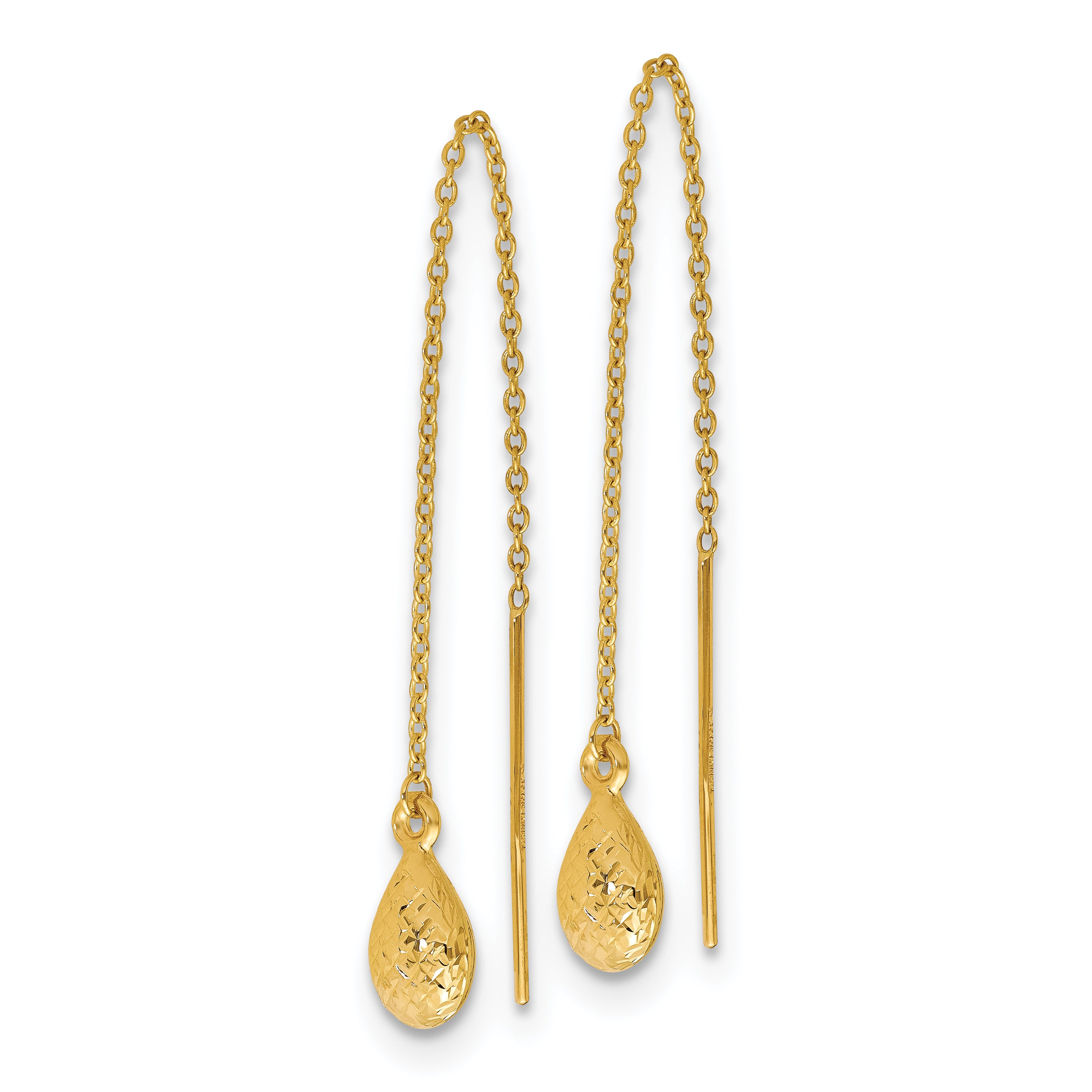 14K Polished and Textured Tear Drop Threader Earrings