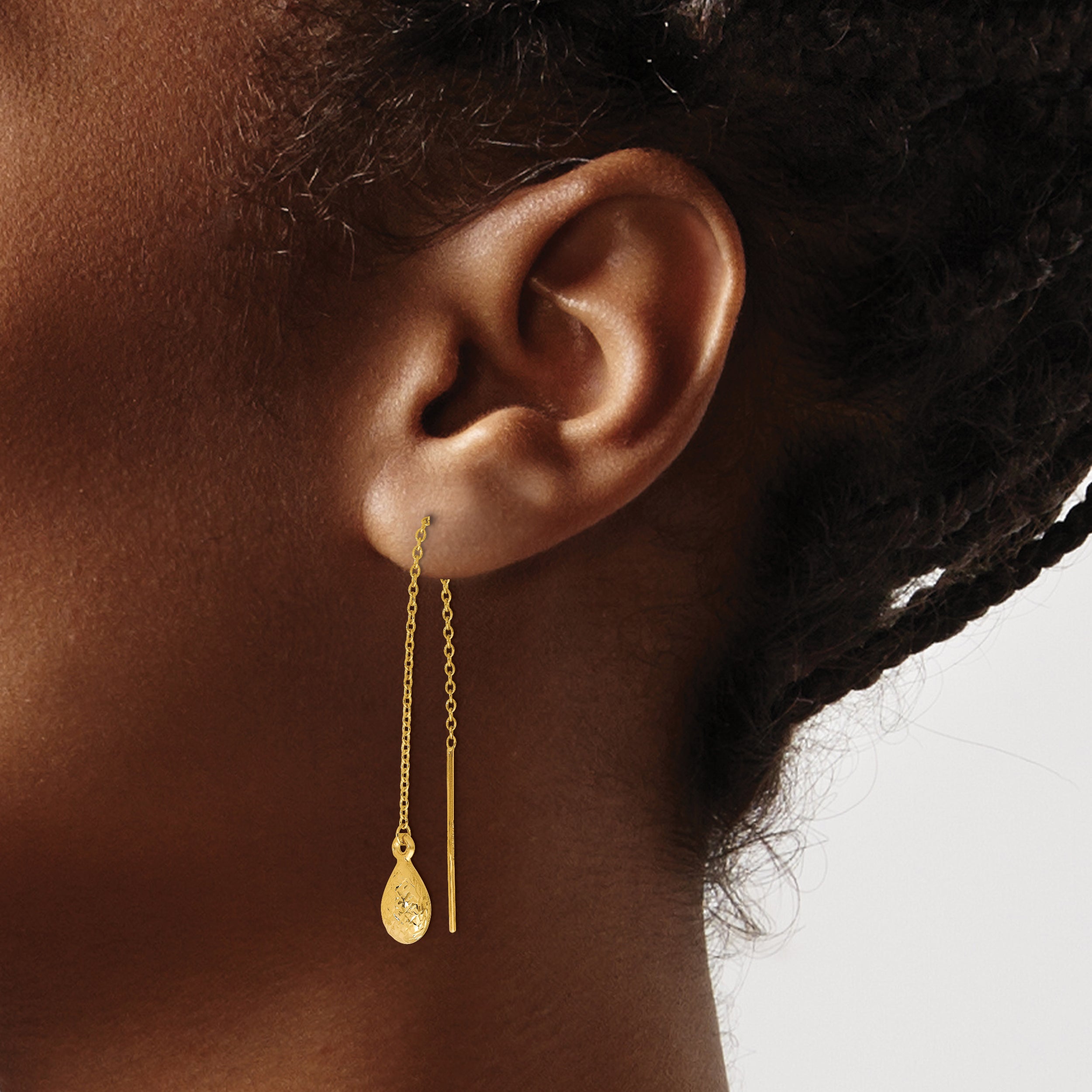 14K Polished and Textured Tear Drop Threader Earrings