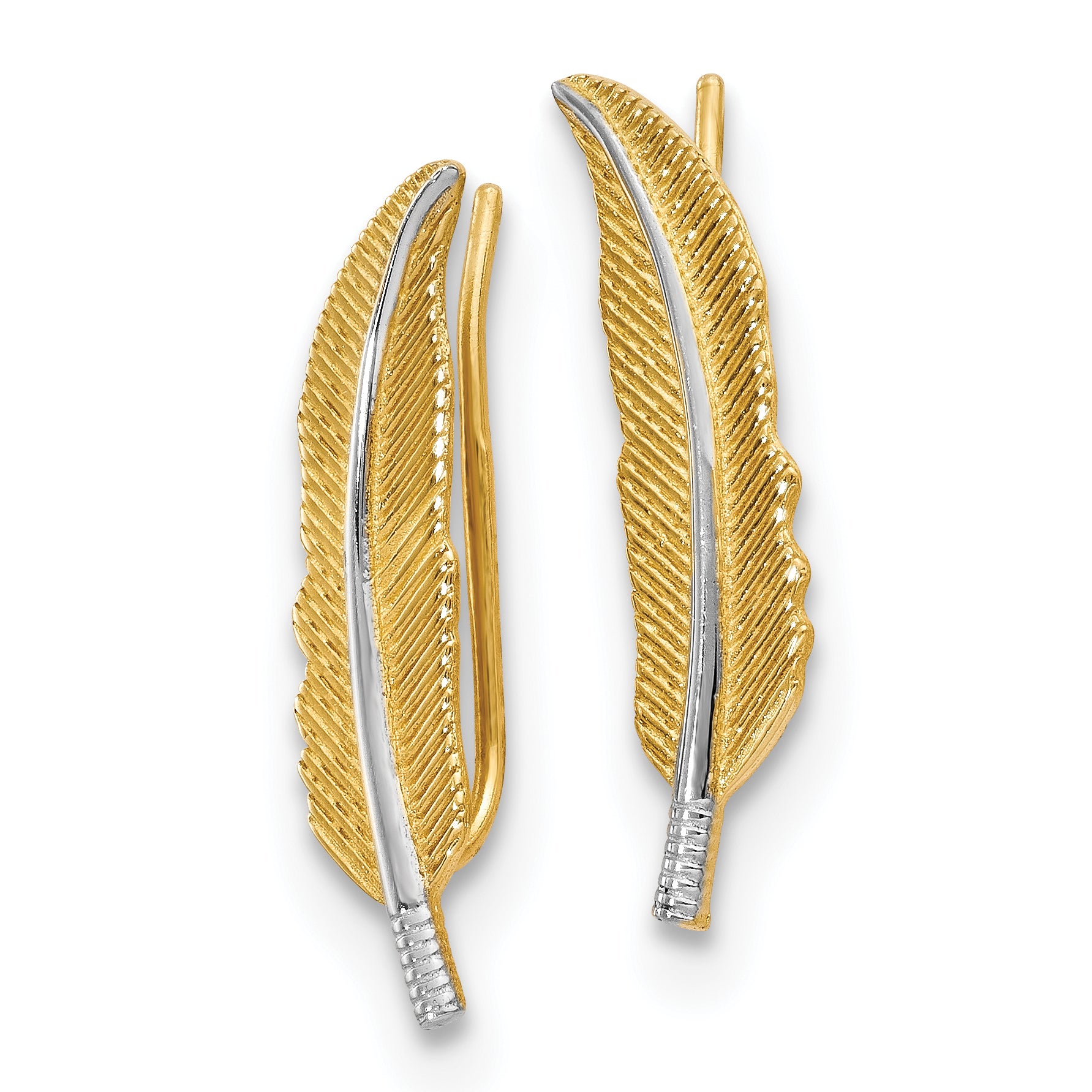 14K w/Rhodium Polished Feather Ear Climber Earrings