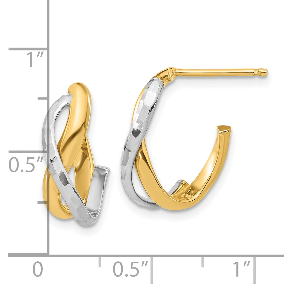 14K Two-tone Polished and Diamond-cut J-Hoop Post Earrings