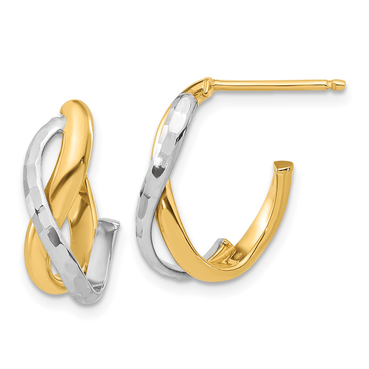 14K Two-tone Polished and Diamond-cut J-Hoop Post Earrings