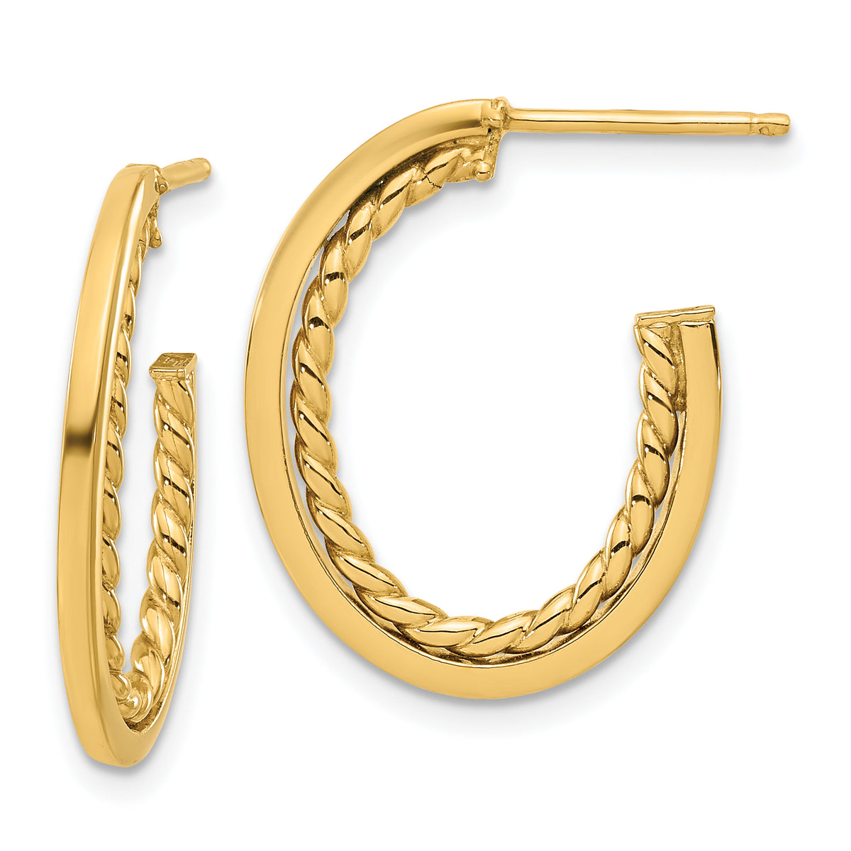 14K Polished and Twist J-Hoop Post Earrings