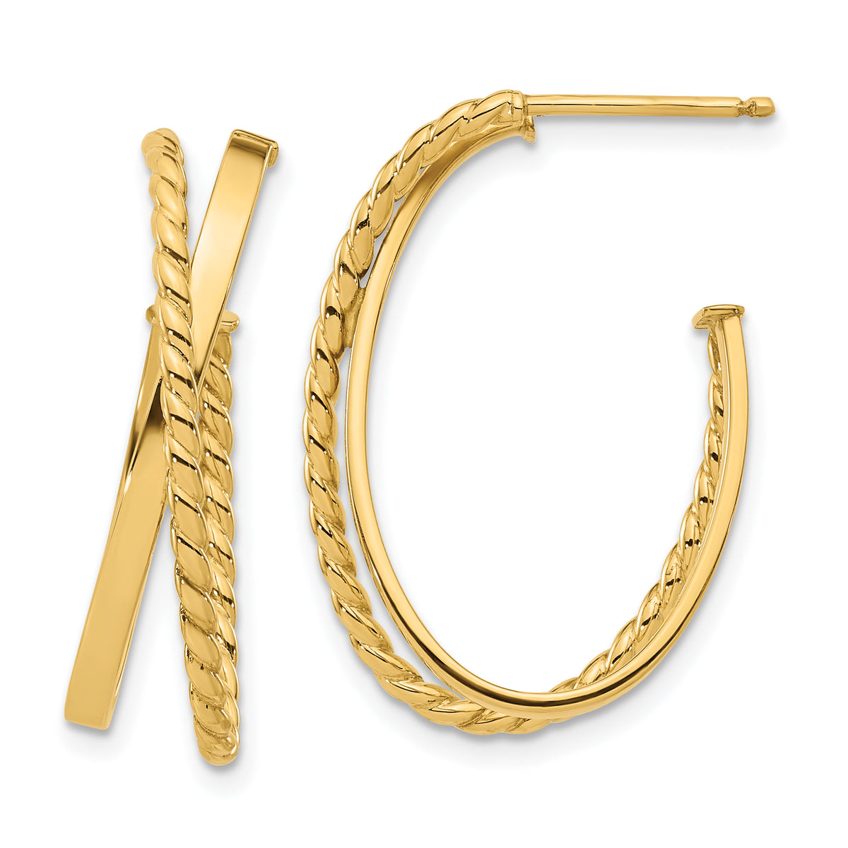 14K Polished and Twist J-Hoop Post Earrings