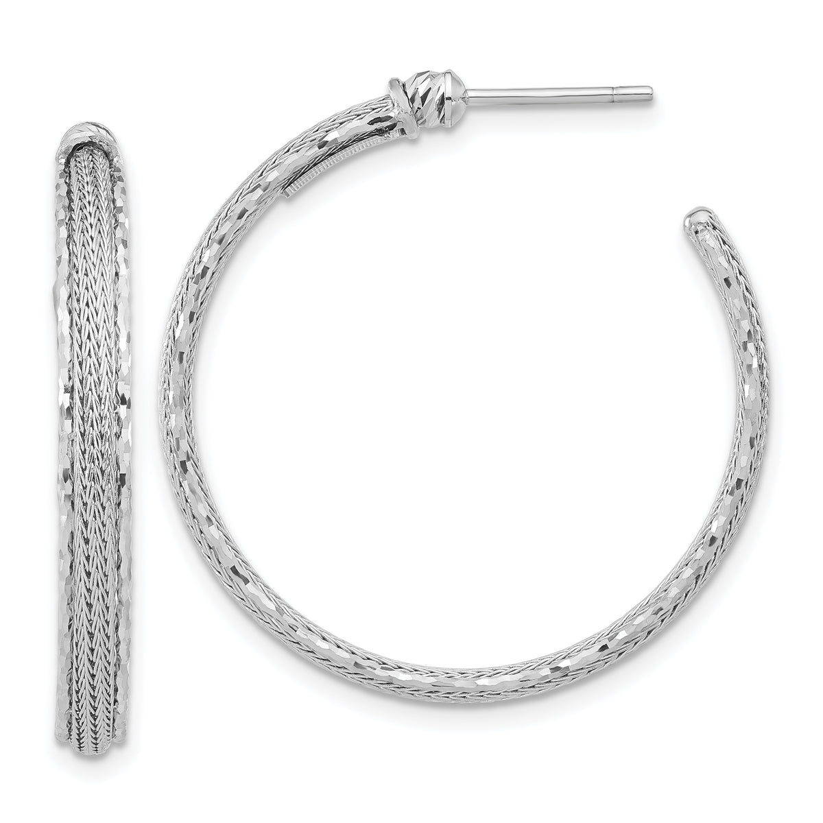 14K White Gold Diamond-cut and Textured Post Hoop Earrings