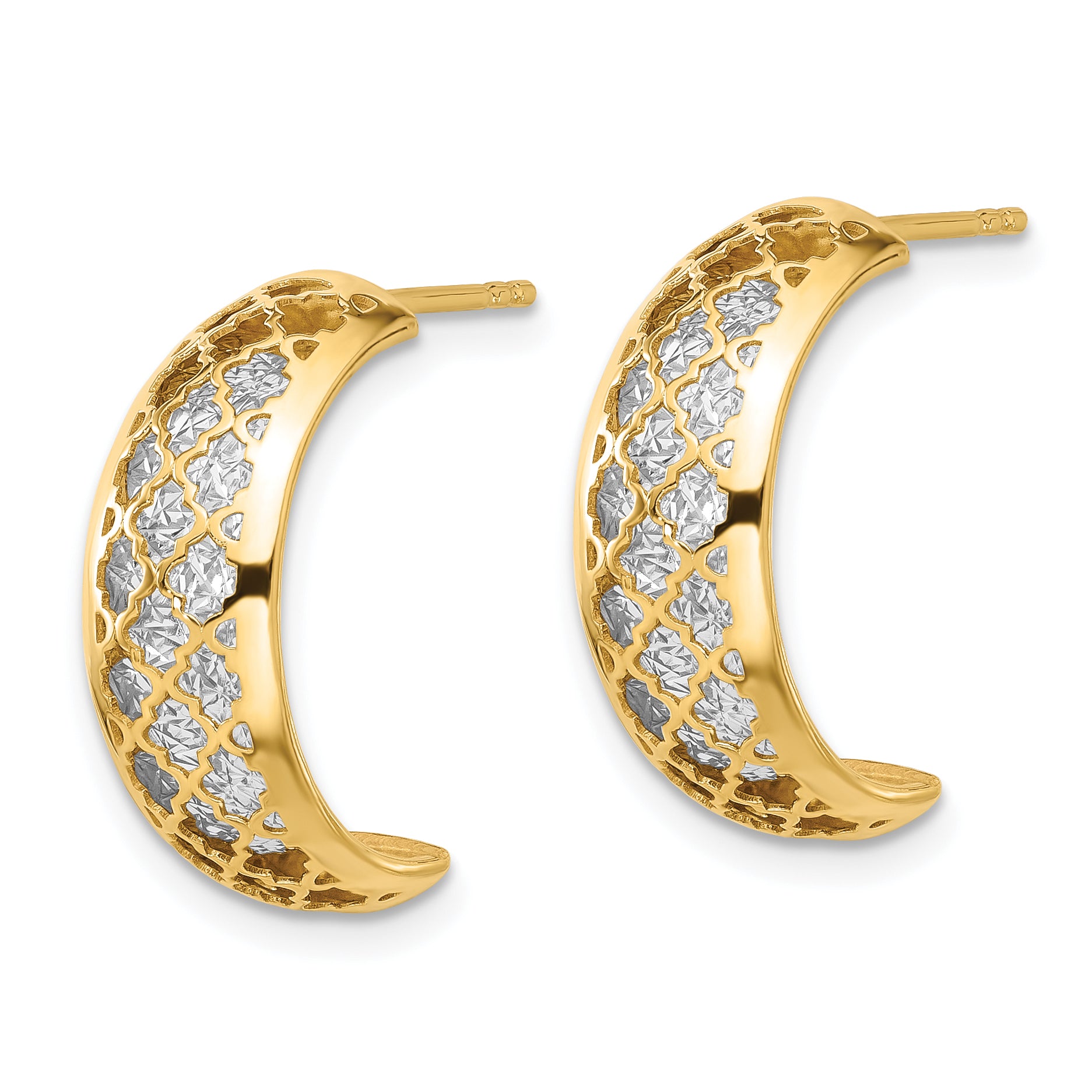 14K with White Rhodium Polished and Dia-cut J-Hoop Earrings