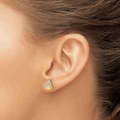 14K with Rhodium Polished and Diamond-cut Triangle Post Earrings