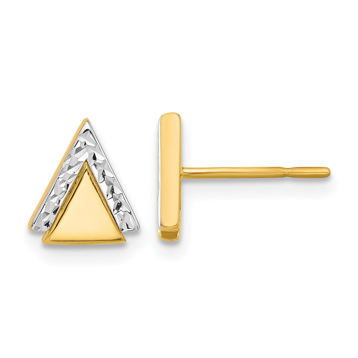 14K with Rhodium Polished and Diamond-cut Triangle Post Earrings