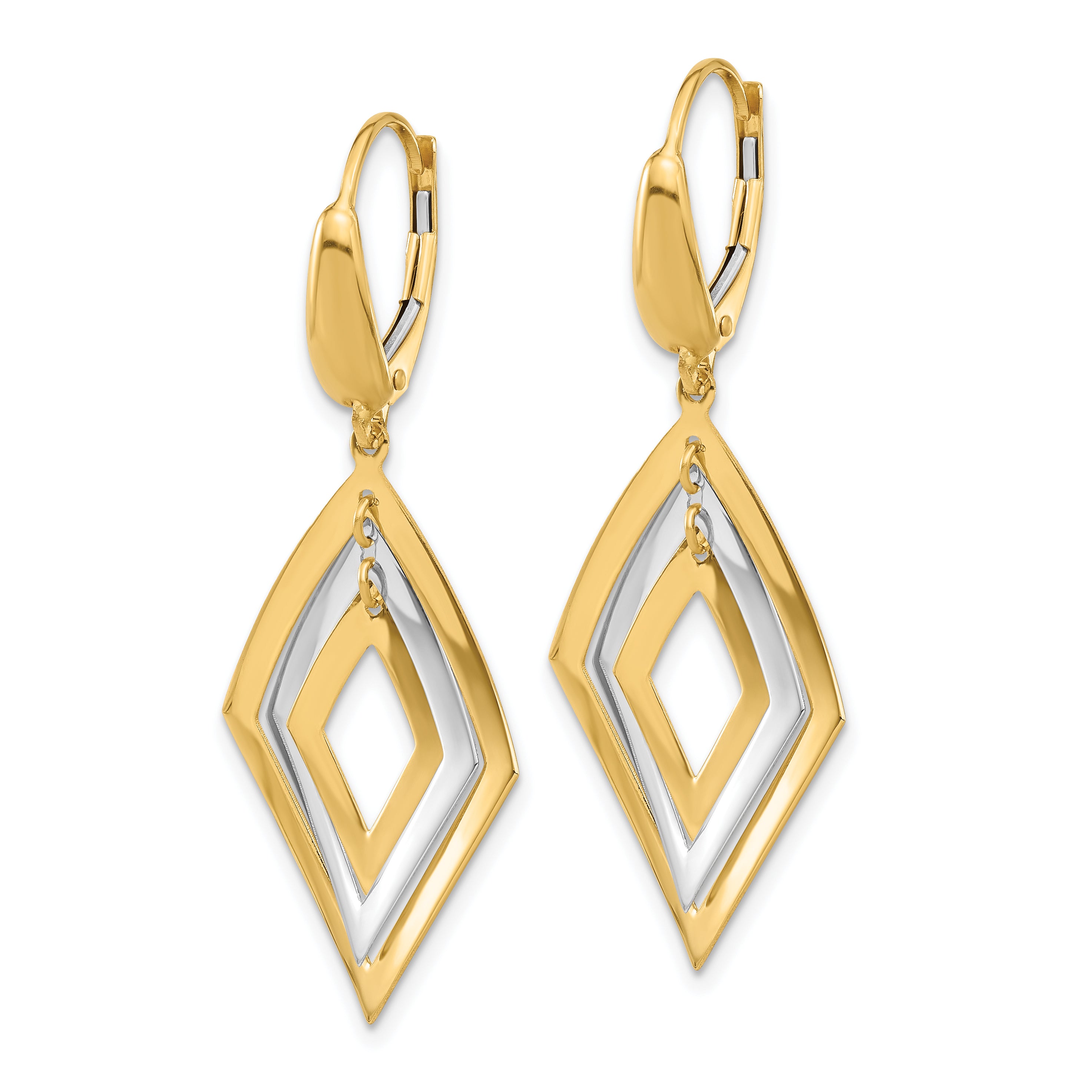 14K Two-tone Polished Diamond Shaped Dangle Leverback Earrings