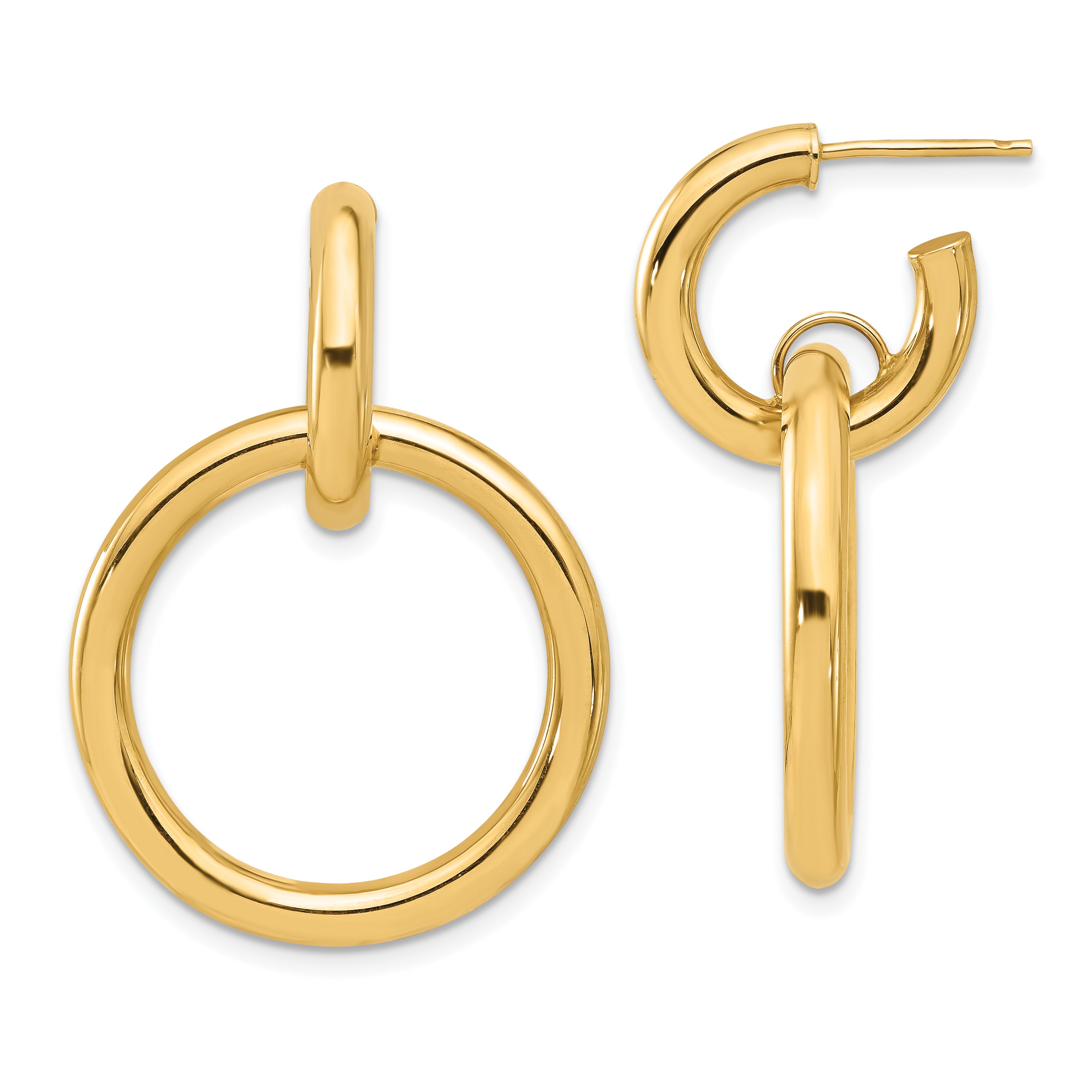 14K Polished Circle Dangle Hoop Post Earrings