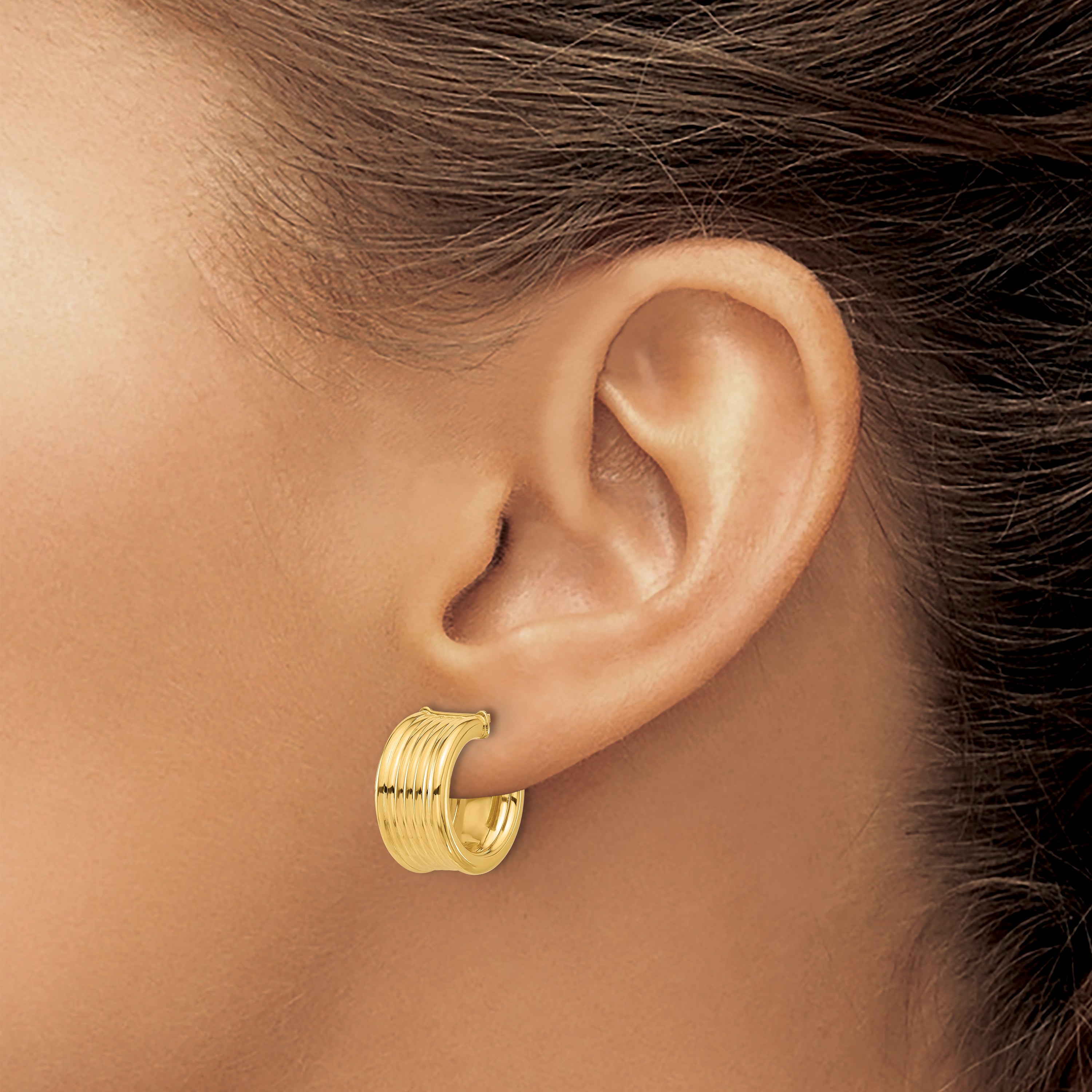 14K Polished and Grooved J-Hoop Post Earrings