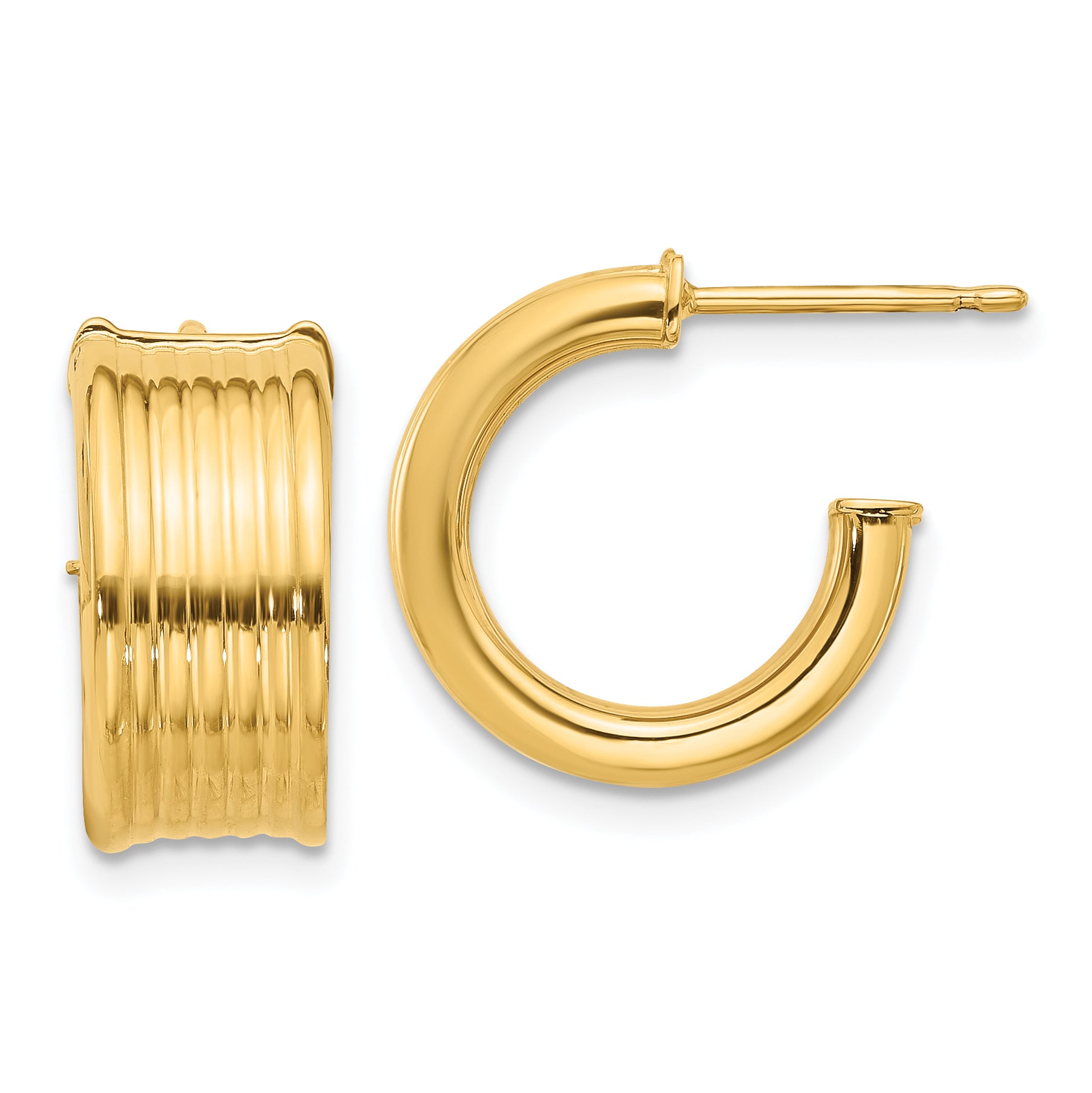 14K Polished and Grooved J-Hoop Post Earrings