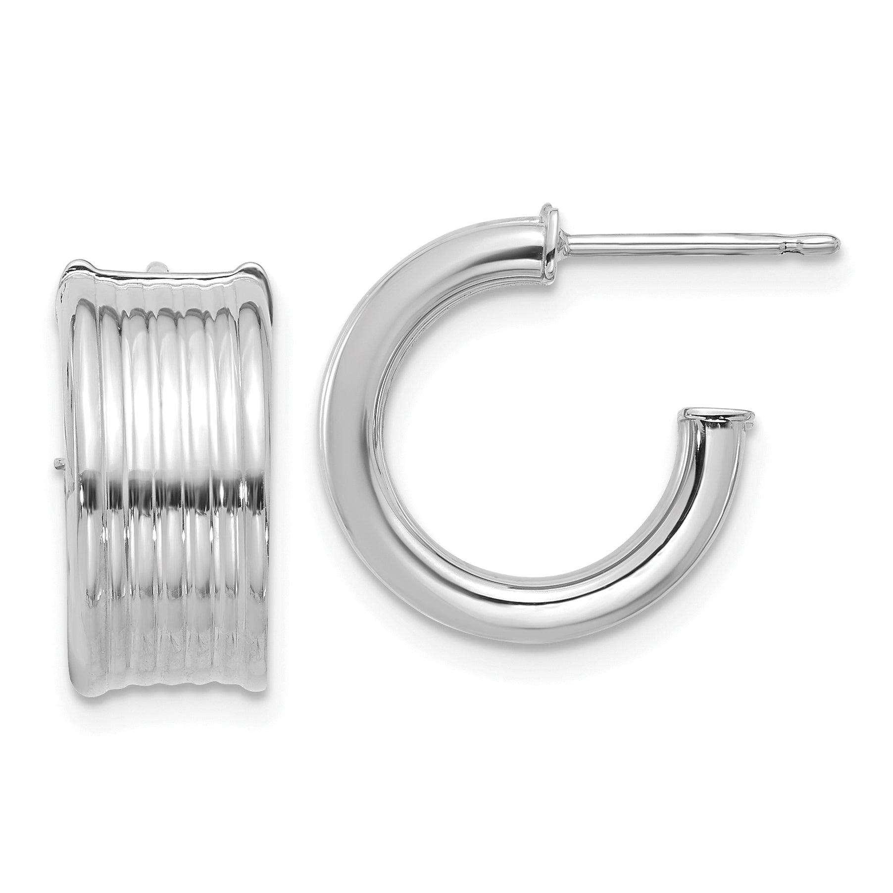 14K White Gold Polished and Grooved J-Hoop Post Earrings