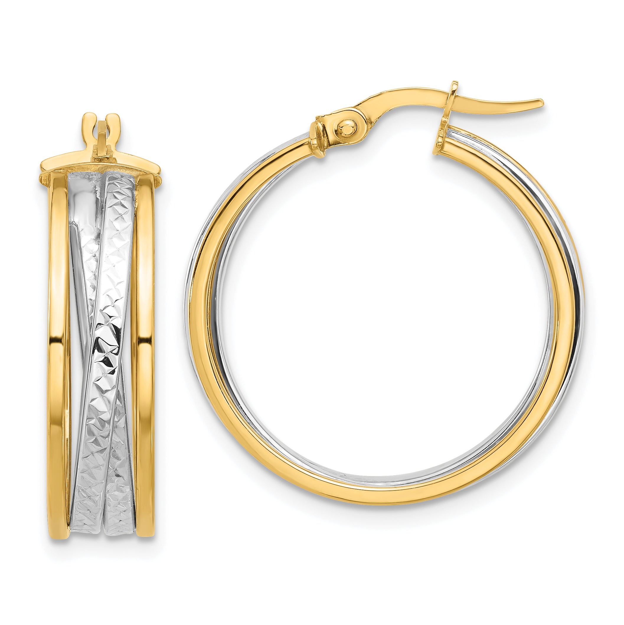 14K Two-tone Polished and Diamond-cut Hoop Earrings