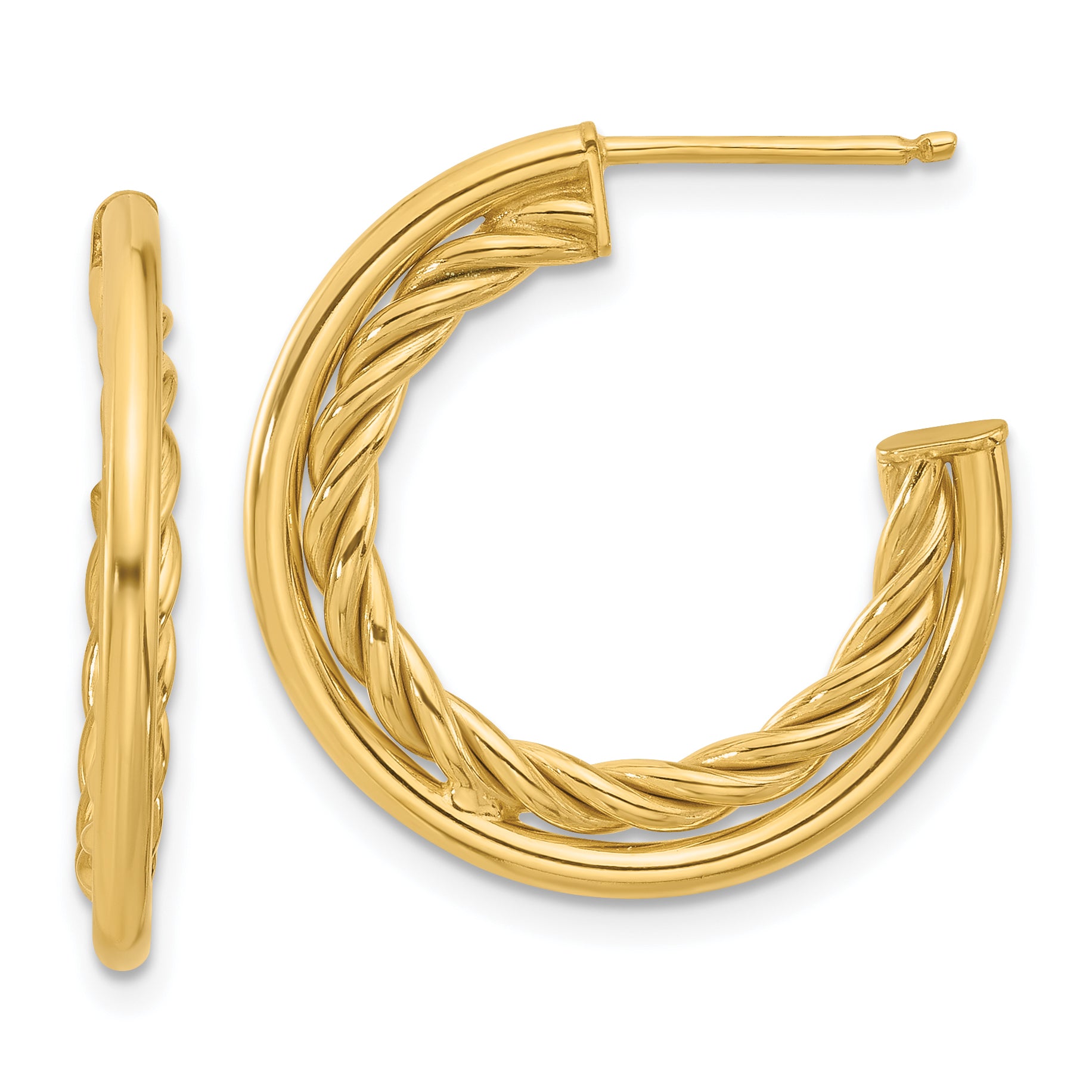 14K Polished and Textured  J-Hoop Post Earrings