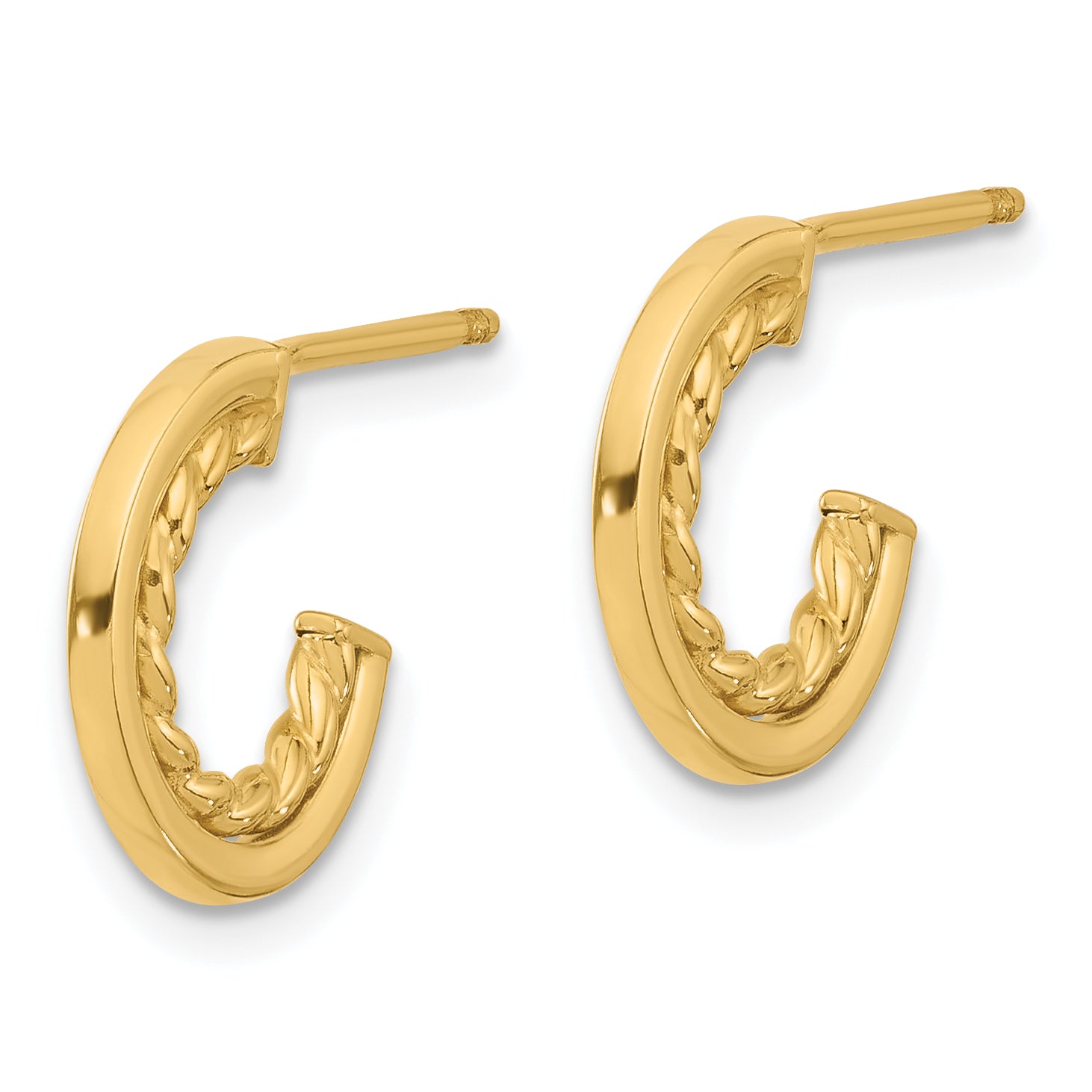 14K Polished and Textured  J-Hoop Post Earrings