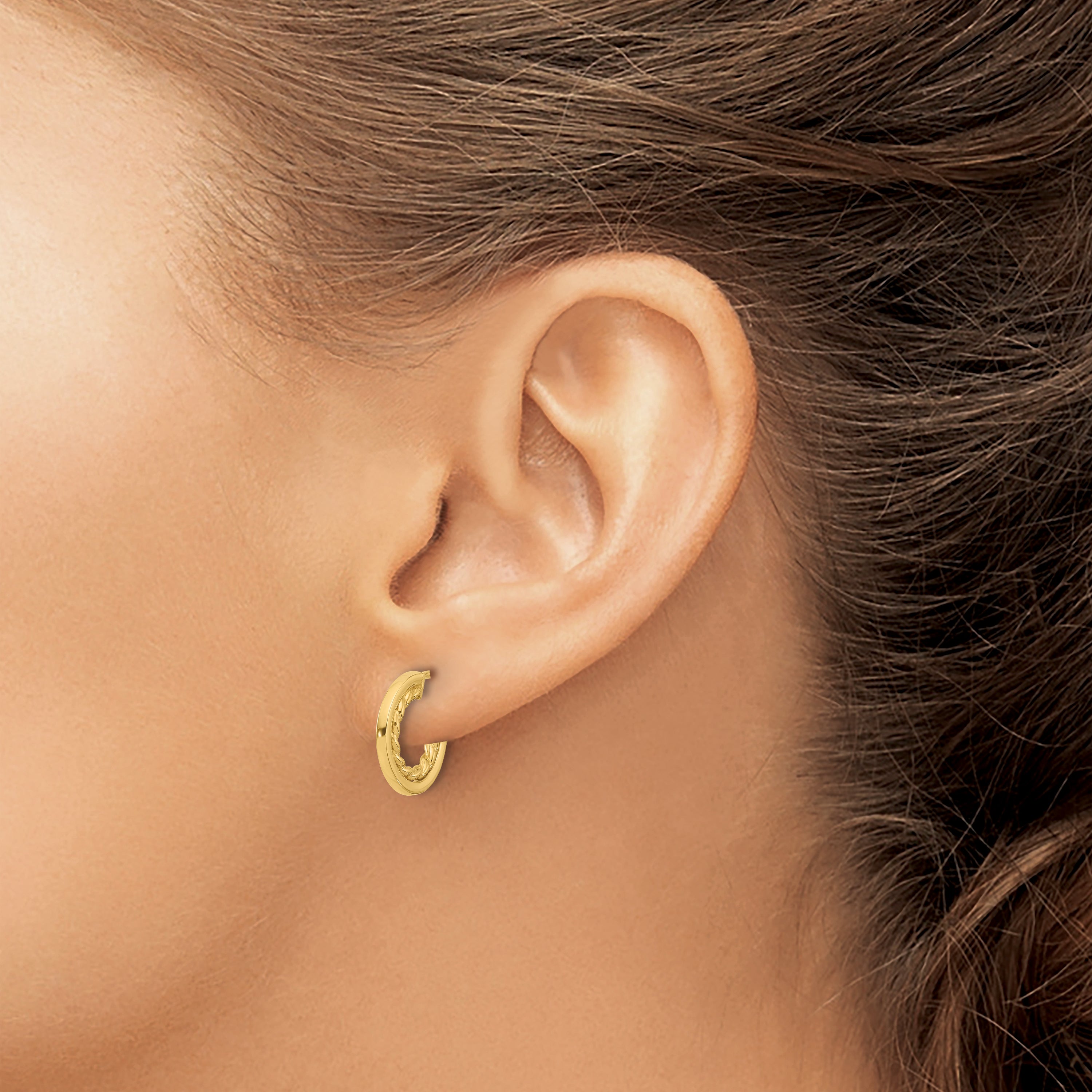 14K Polished and Textured  J-Hoop Post Earrings