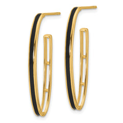 14K Polished with Black Enamel Oval J-hoop Post Earrings