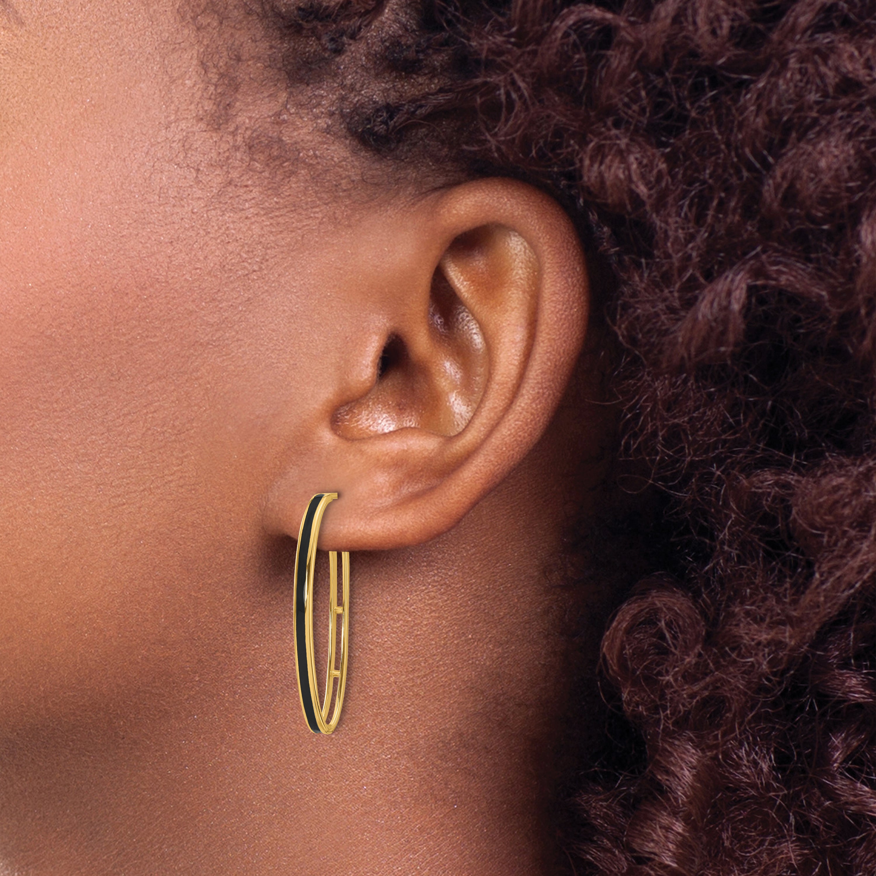 14K Polished with Black Enamel Oval J-hoop Post Earrings