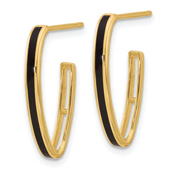 14K Polished with Black Enamel Oval J-hoop Post Earrings