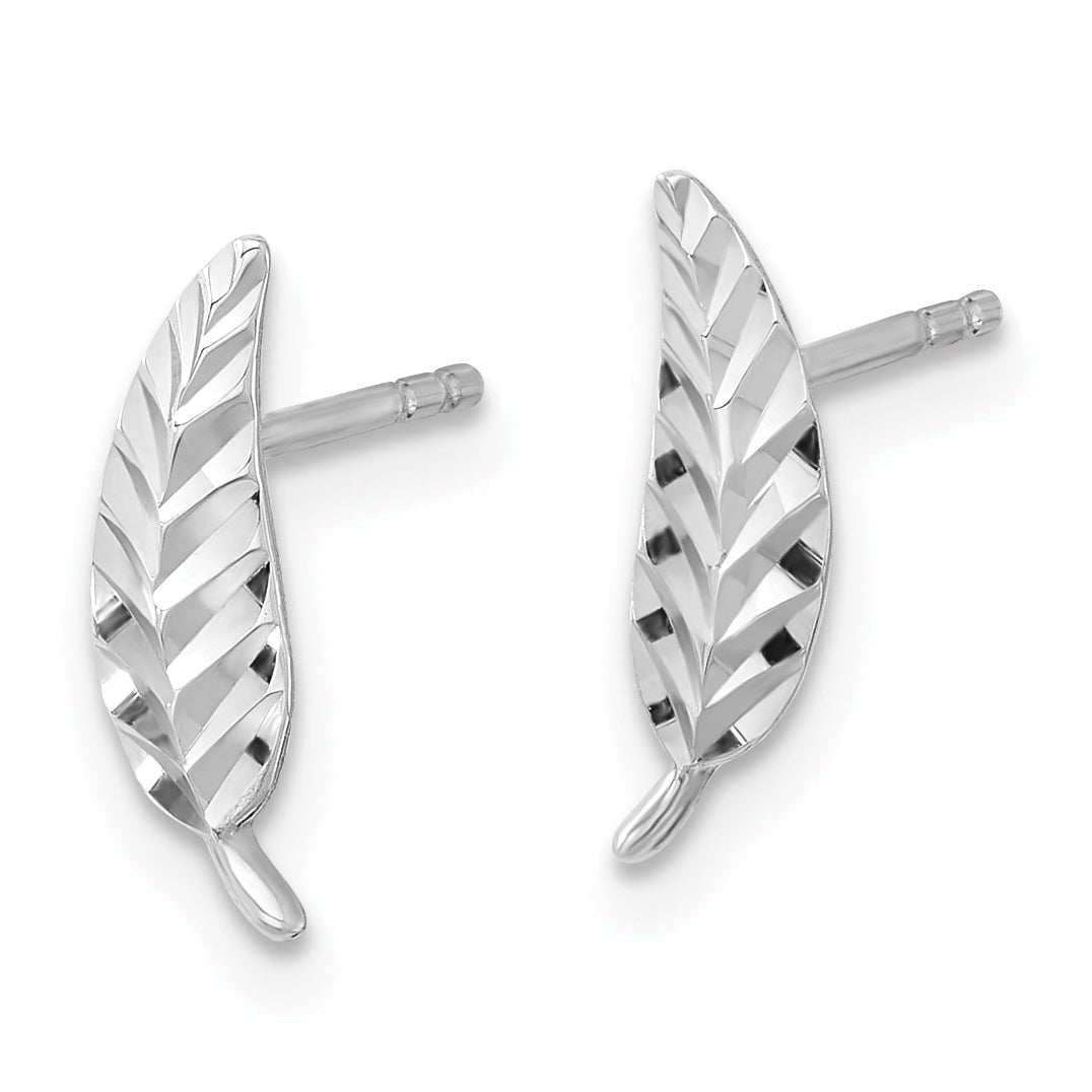 14K White Gold Polished and Diamond-cut Leaf Post Earrings