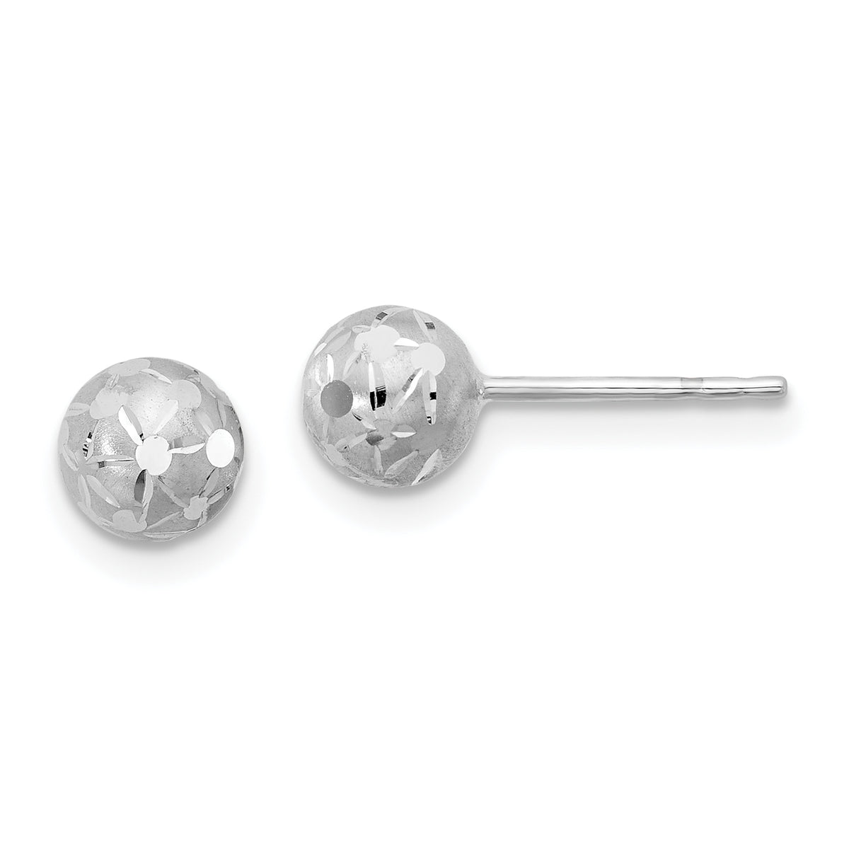 14K White Gold Polished/Satin and Diamond-cut Ball Post Earrings