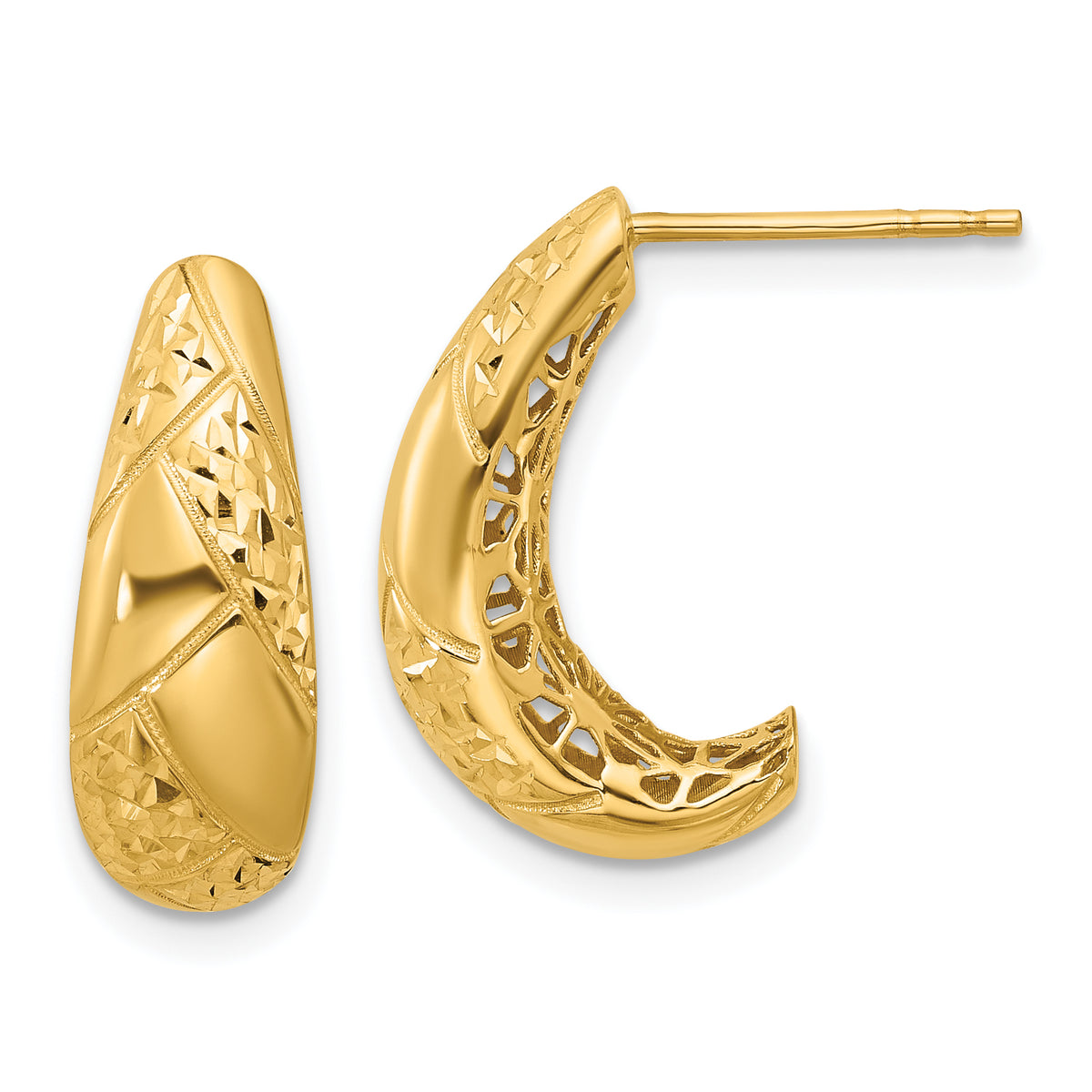 14K Polished and Diamond-cut J-Hoop Earrings