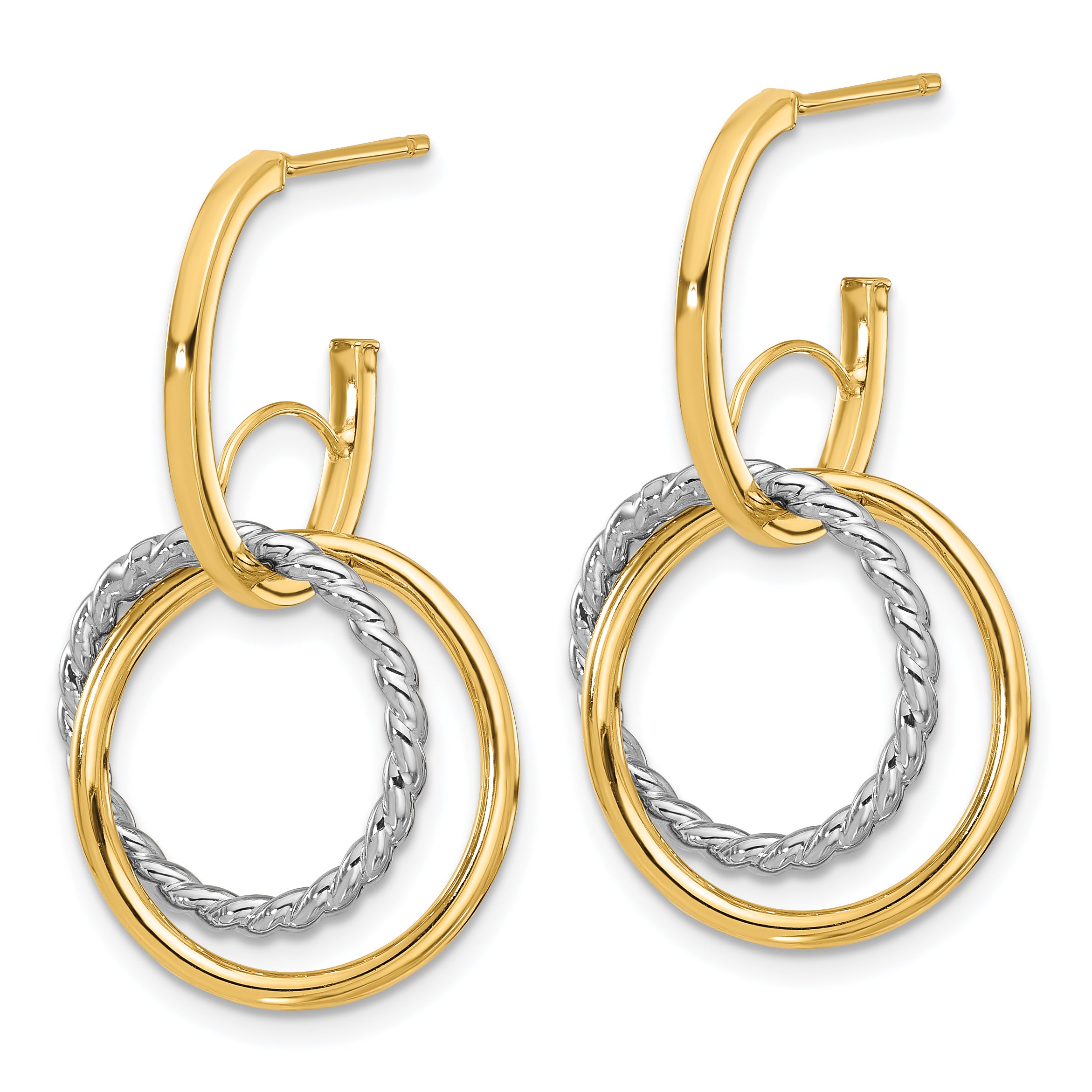 14K w/Rhodium Polished/Twisted Circles J-Hoop Post Earrings