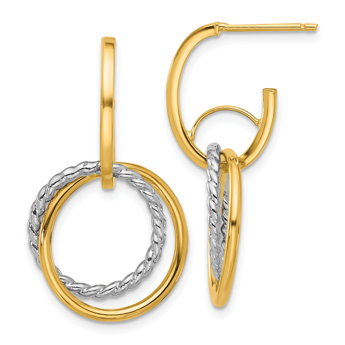 14K w/Rhodium Polished/Twisted Circles J-Hoop Post Earrings