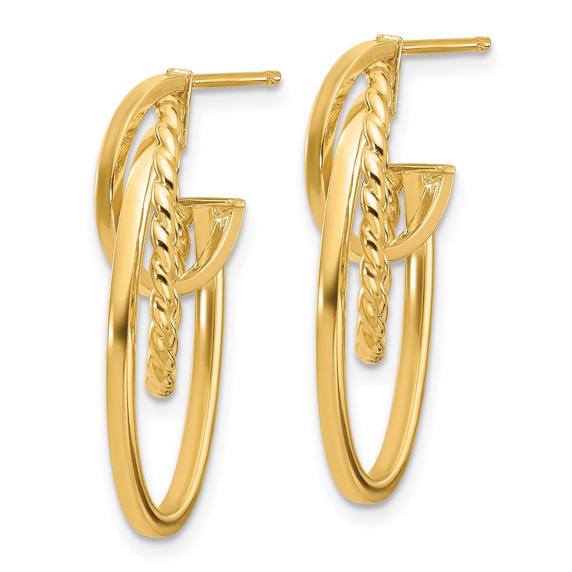 14K Polished and Twisted Oval J-Hoop Post Earrings