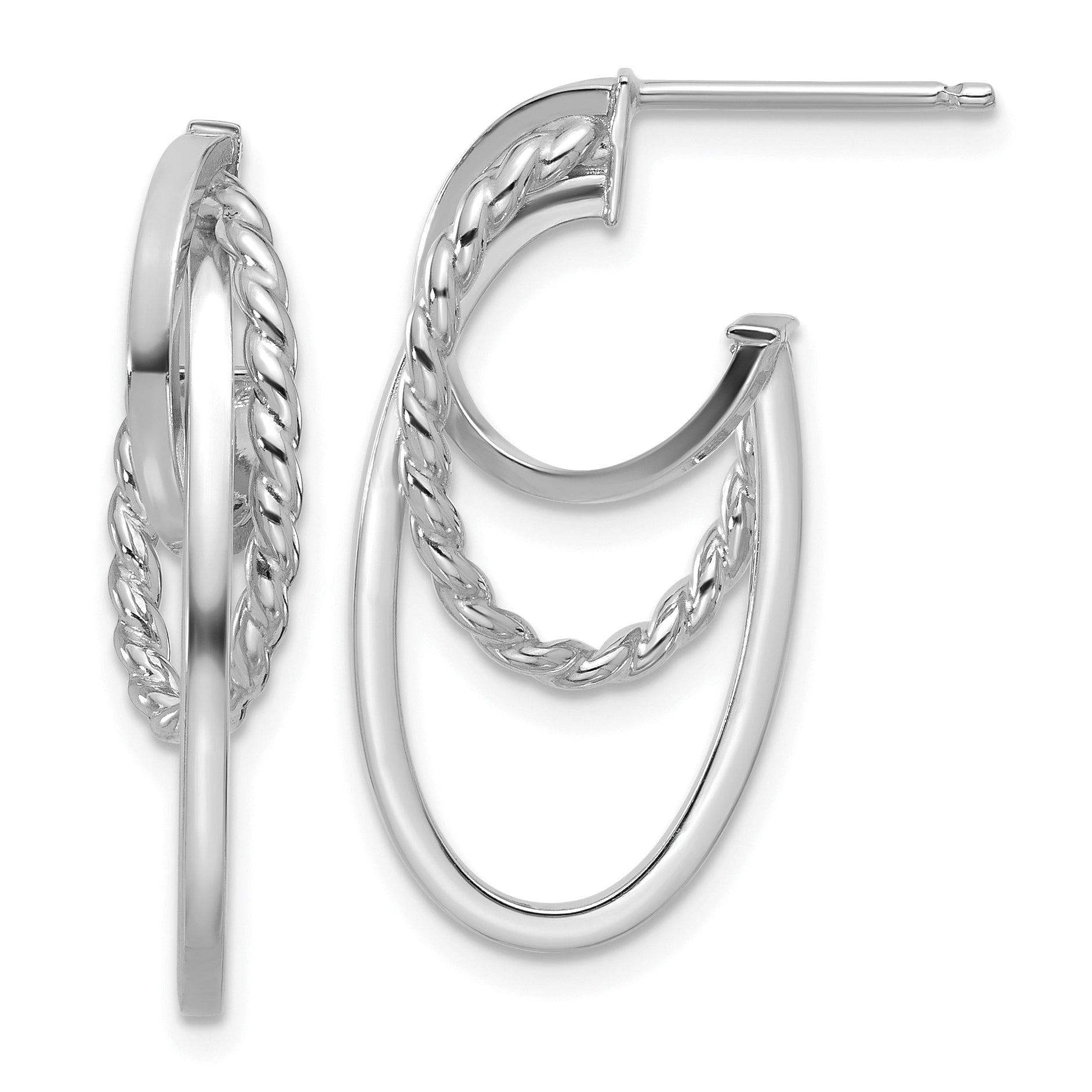 14K White Gold Polished and Twisted Oval J-Hoop Post Earrings